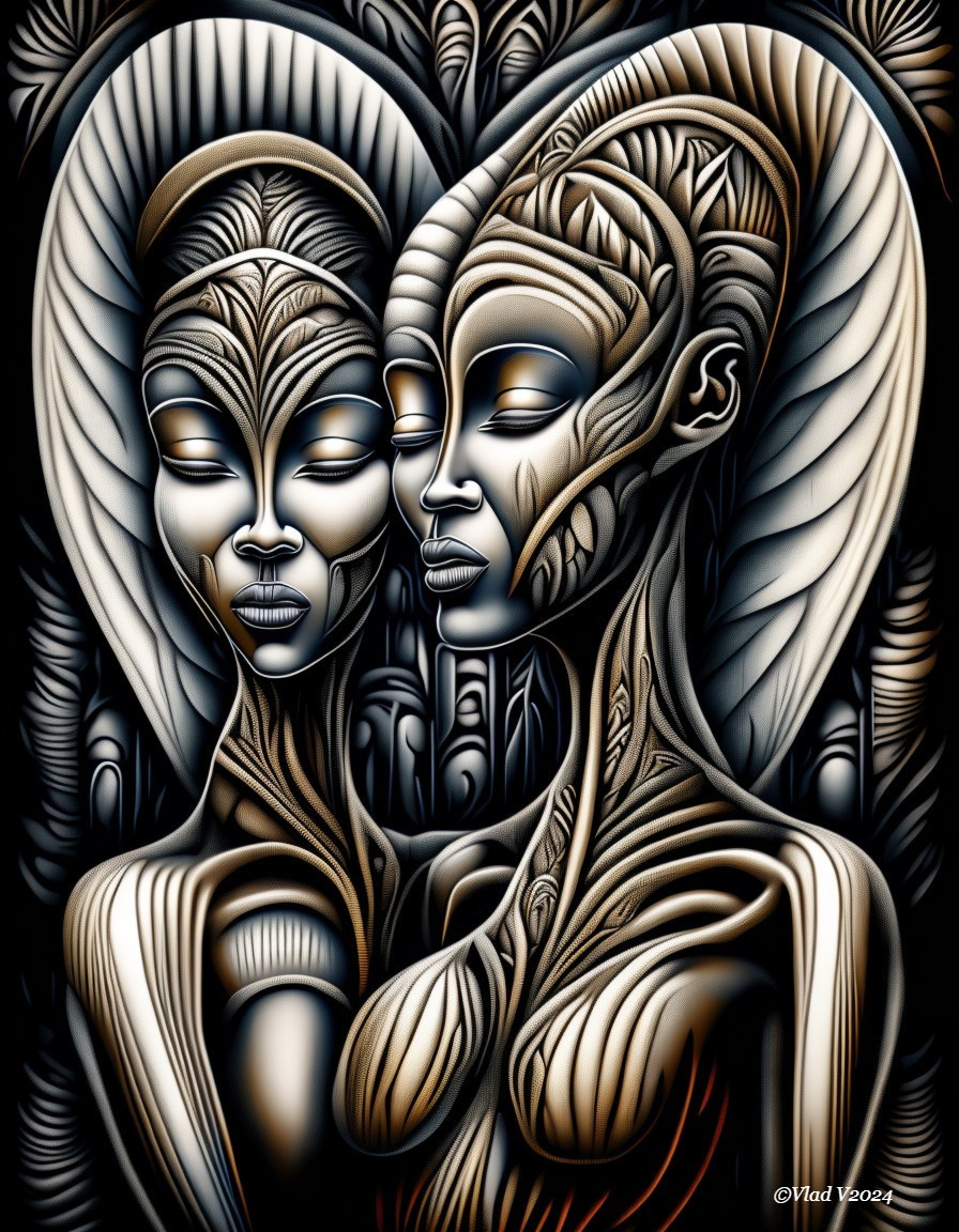 Intertwined Figures with Heart Shape and Metallic Colors