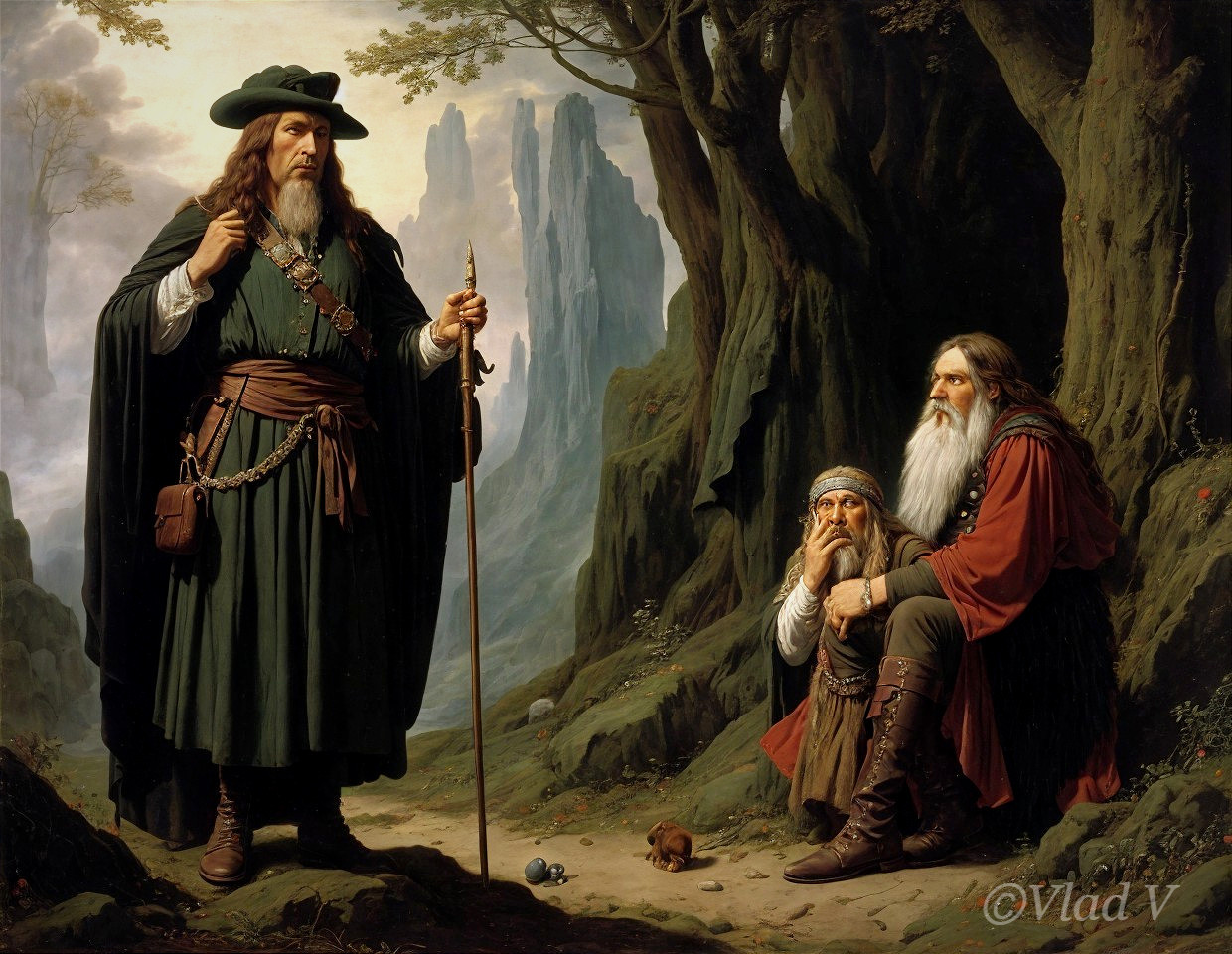 Mystical Forest Scene with Three Elderly Men