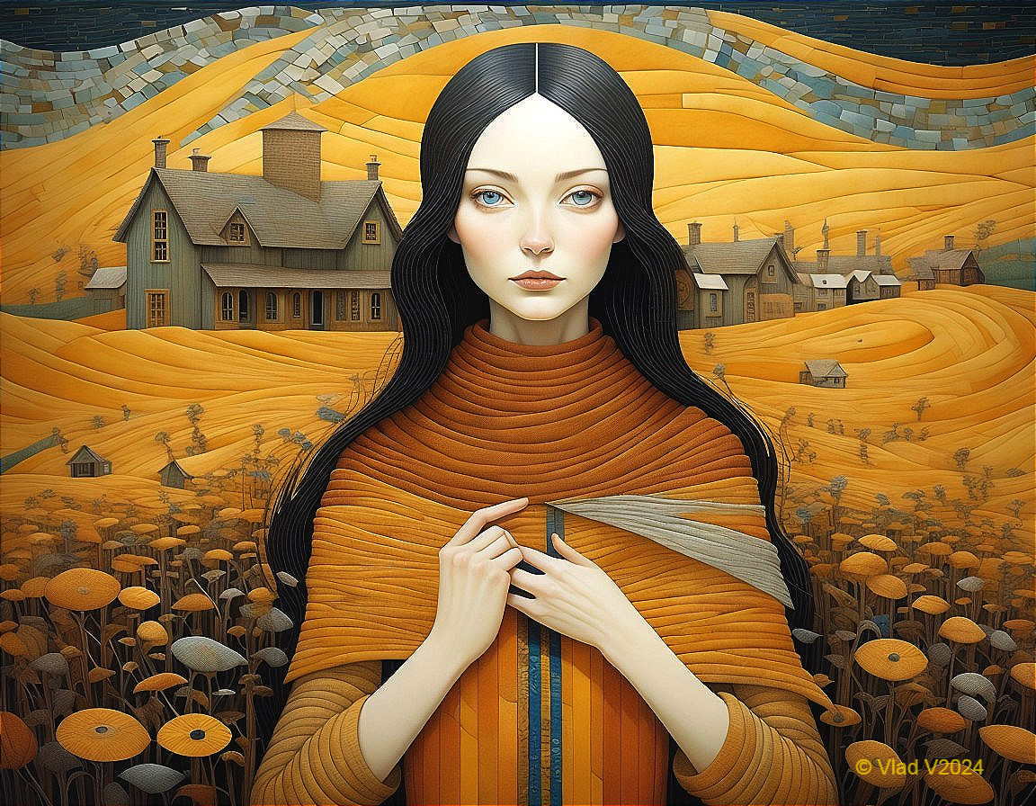 Young Woman in Golden Landscape with Flowers and Hills
