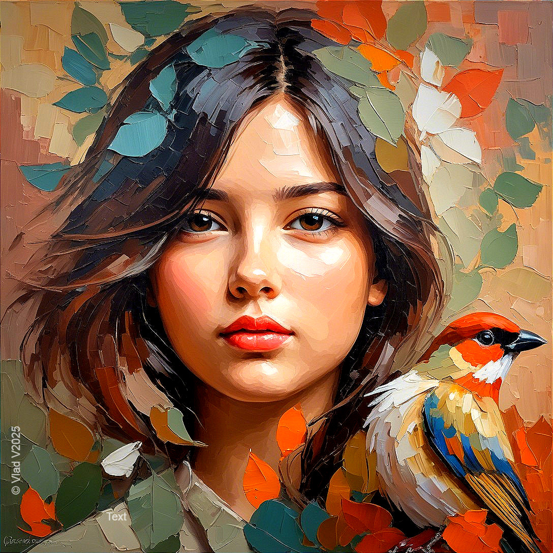Portrait of a Young Woman with Colorful Leaves and Bird