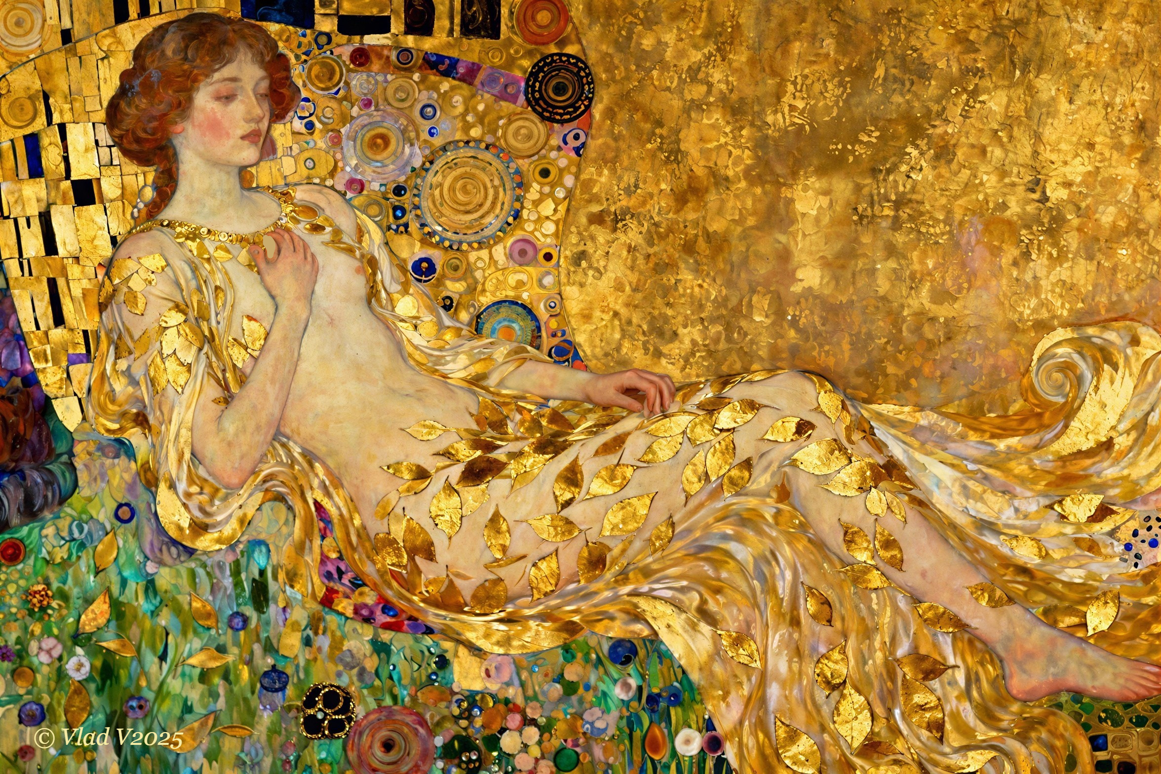 Klimt-Inspired Artwork of Reclining Woman in Gold