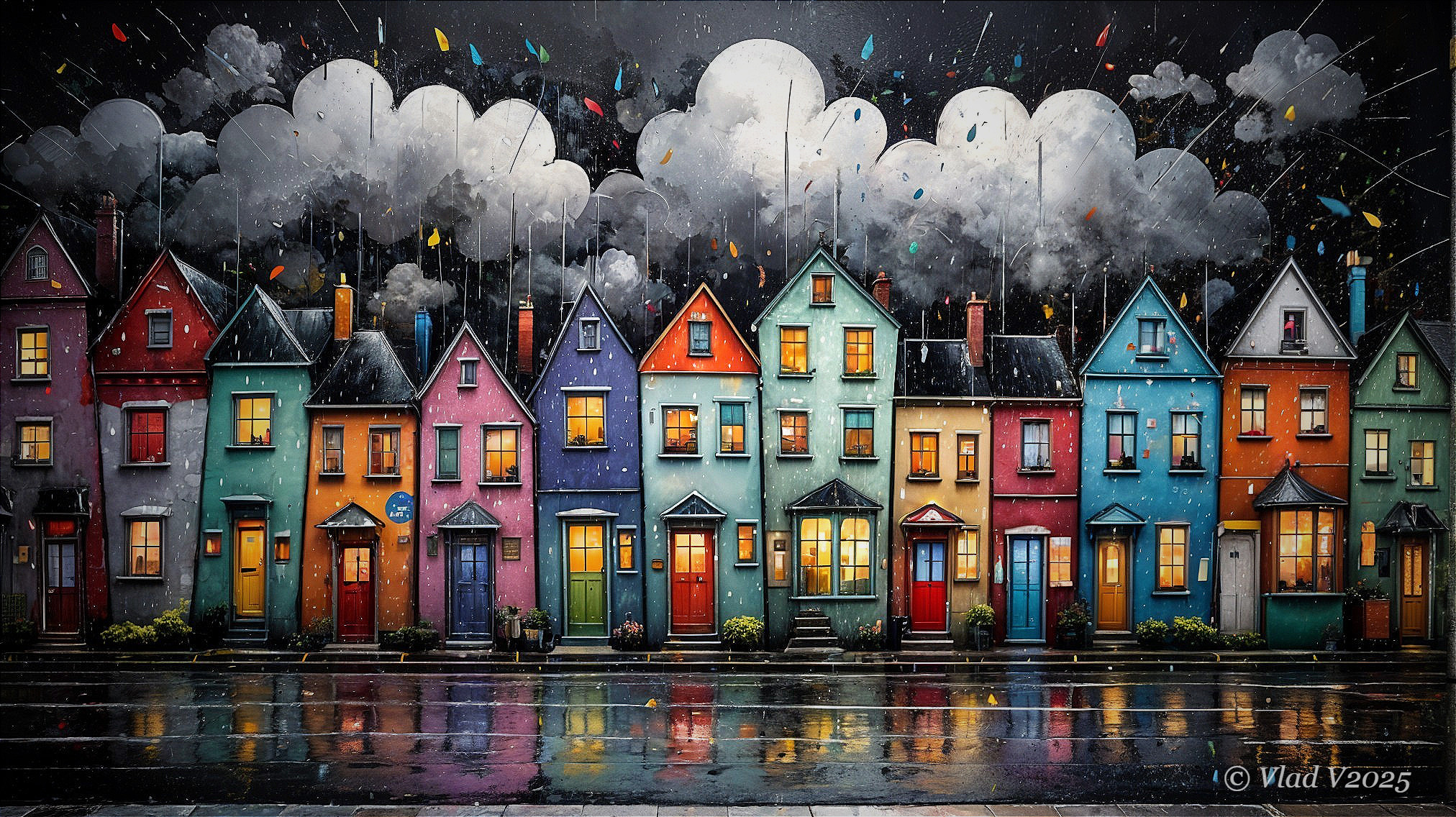 Colorful Houses in a Stormy Street Scene