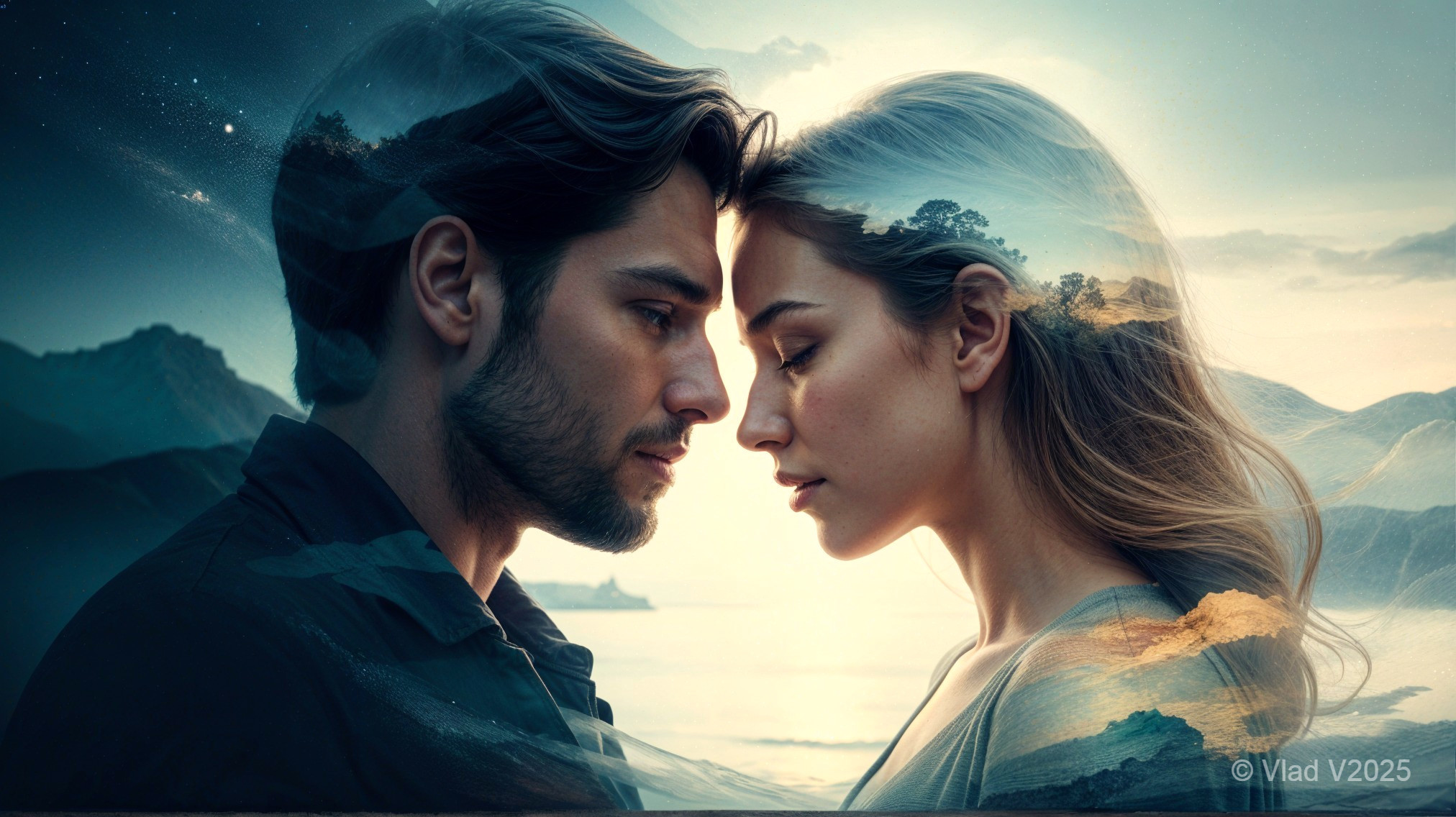 Tender Moment with Double Exposure of Nature and Love