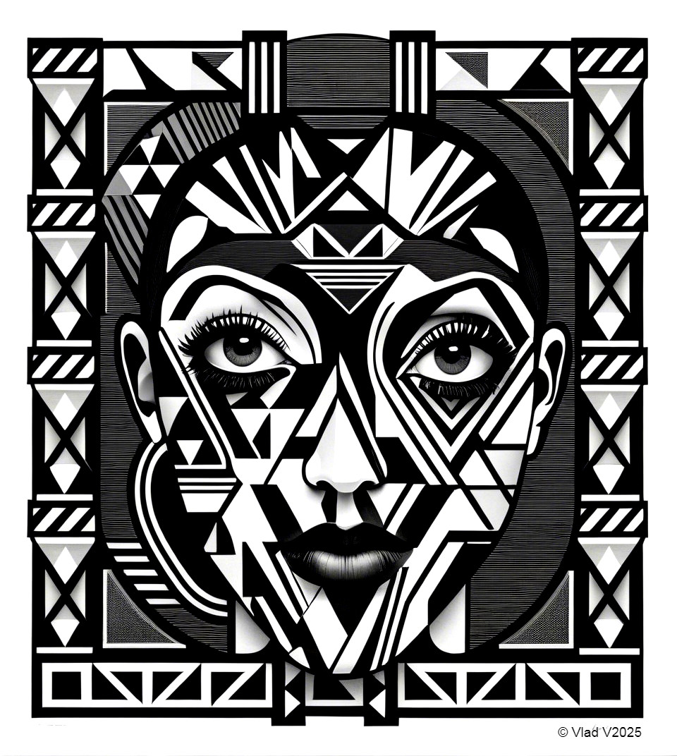 Black and White Geometric Portrait with Intricate Patterns
