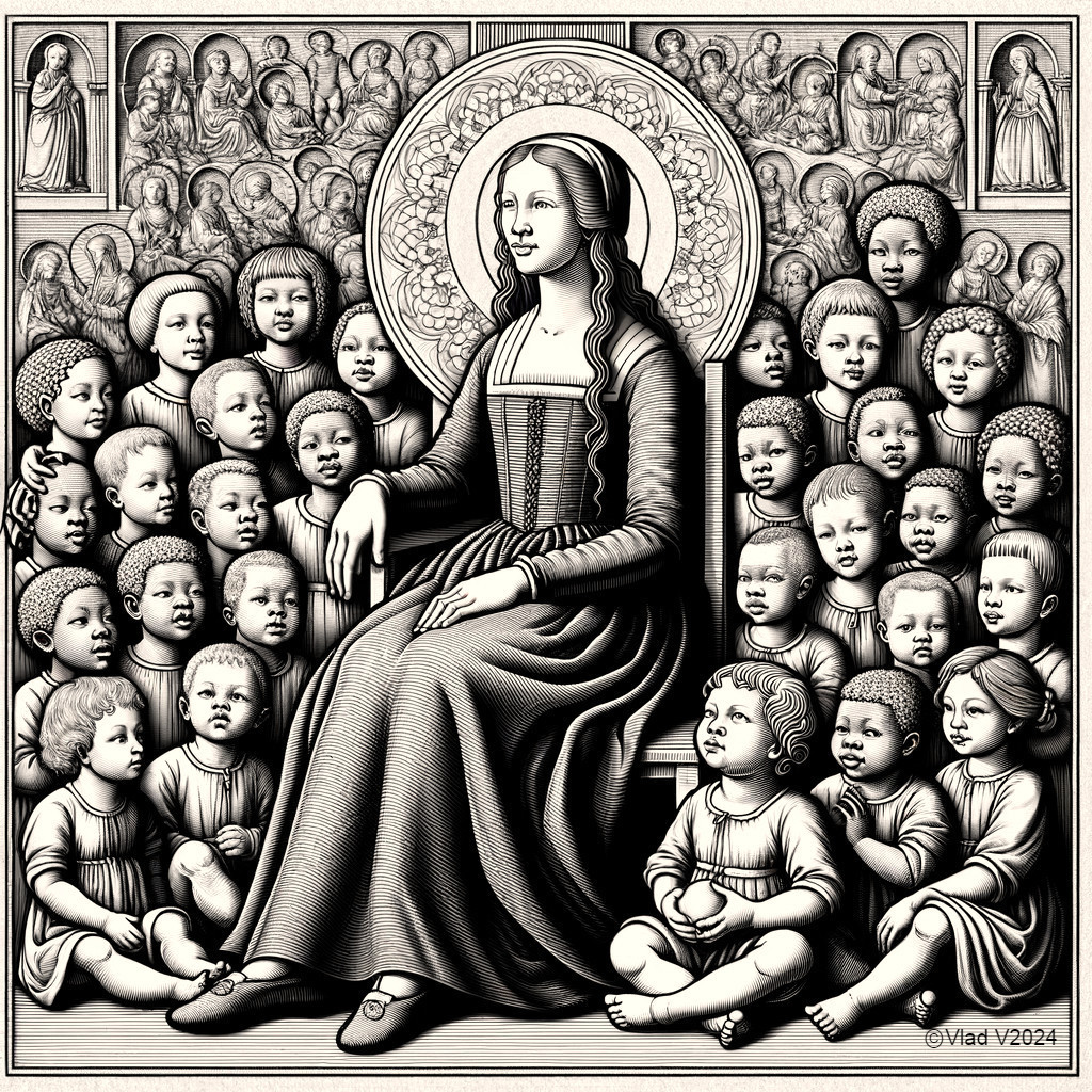 Serene Woman Surrounded by Diverse Children in Detail