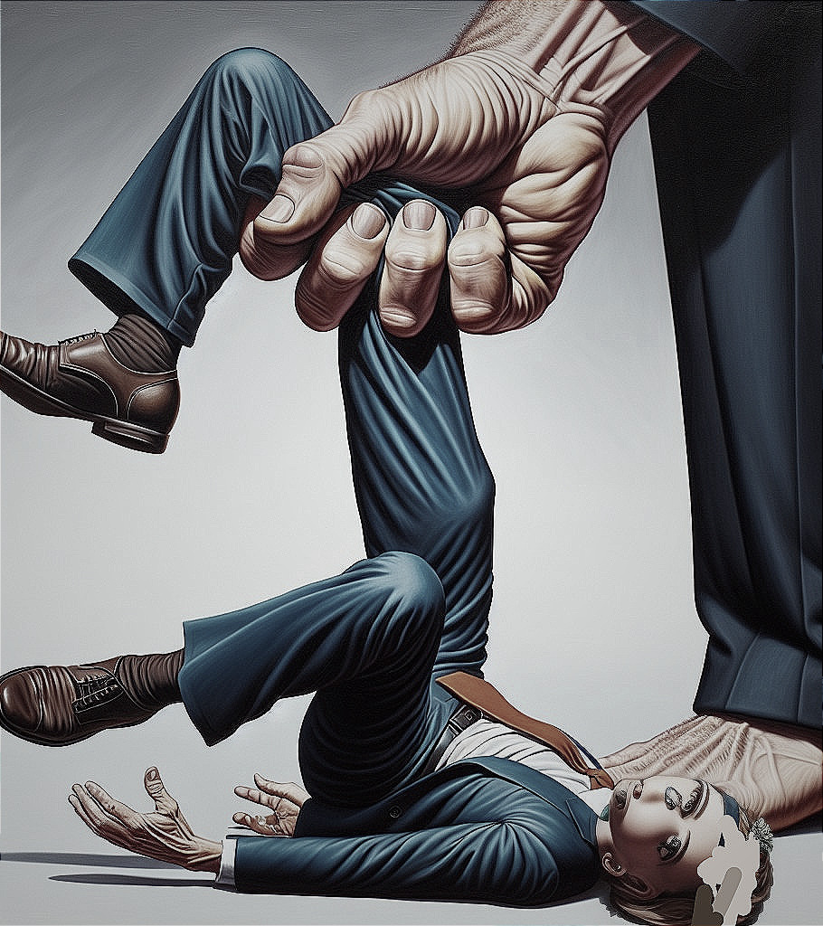 Giant Hand Grasping Smaller Figure in Dramatic Scene