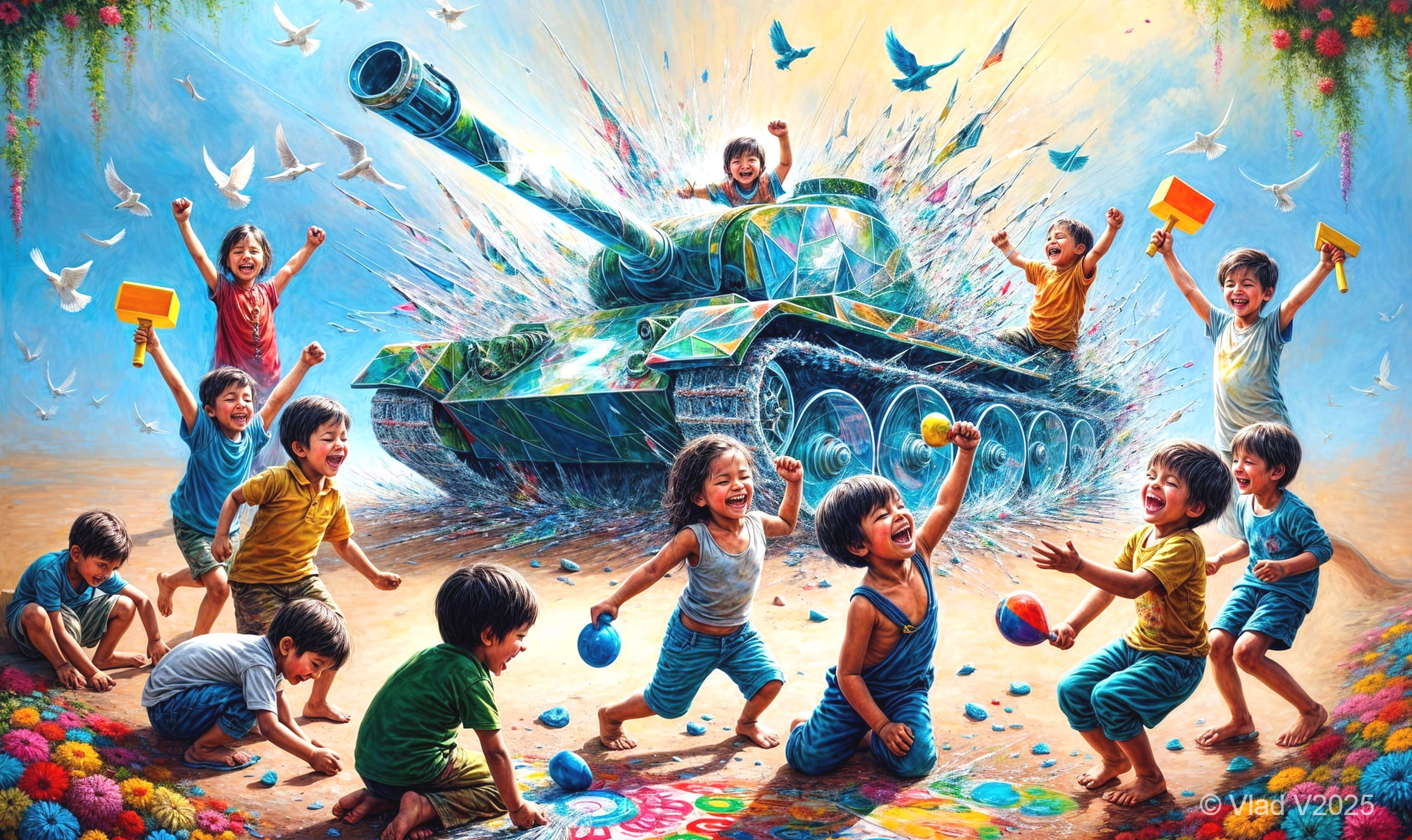 Colorful Mosaic Tank with Children Playing Joyfully