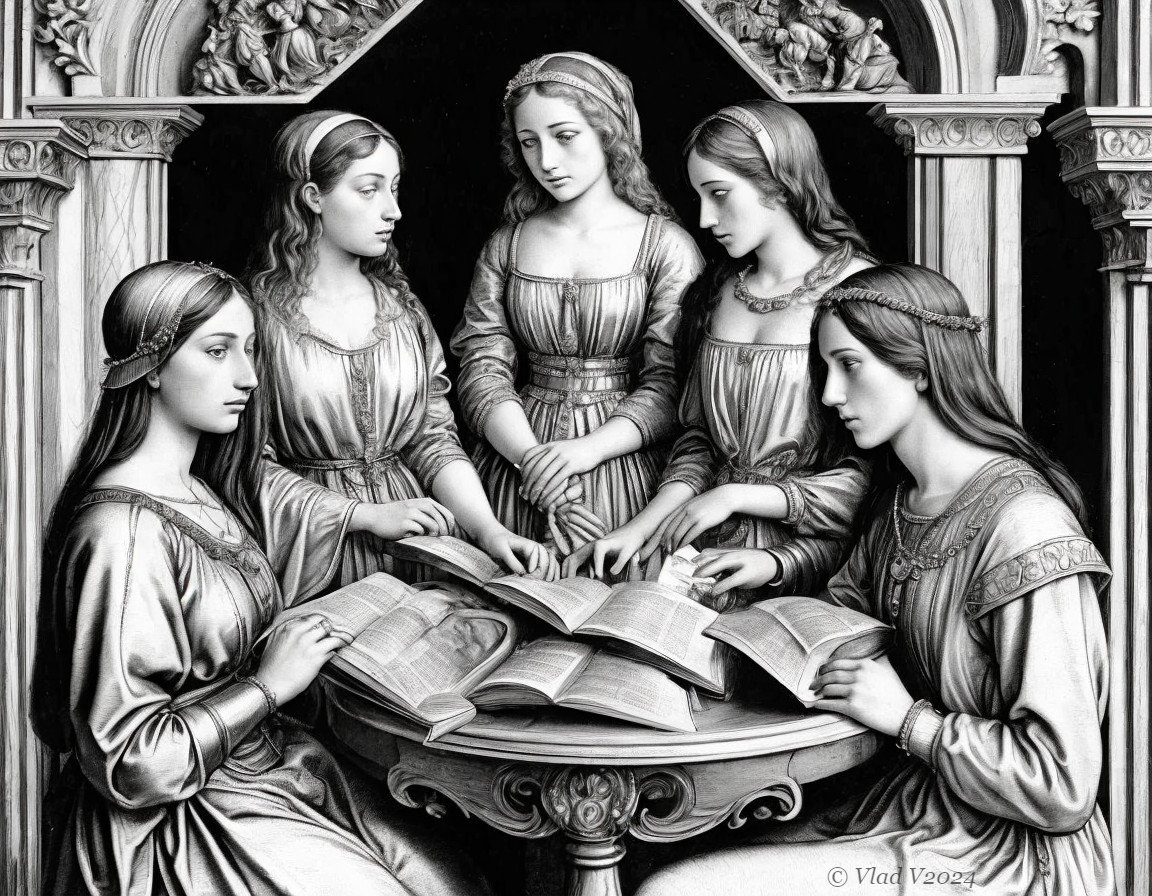 Elegant Women Engaged in Discussion Over Books