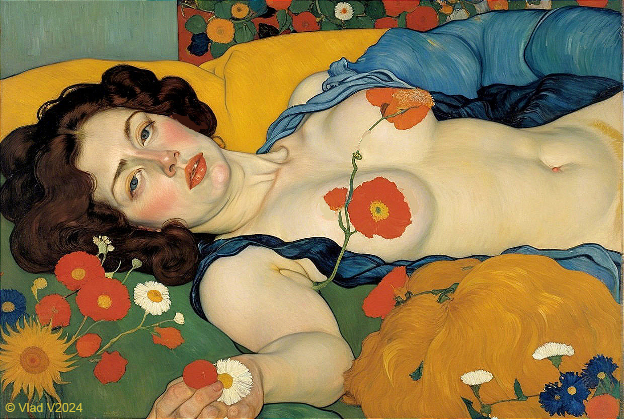 Reclining Figure Surrounded by Vibrant Flowers