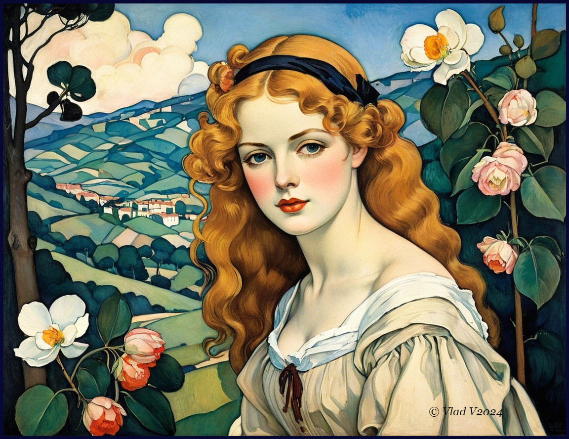 Young Woman with Golden-Red Hair in Scenic Landscape