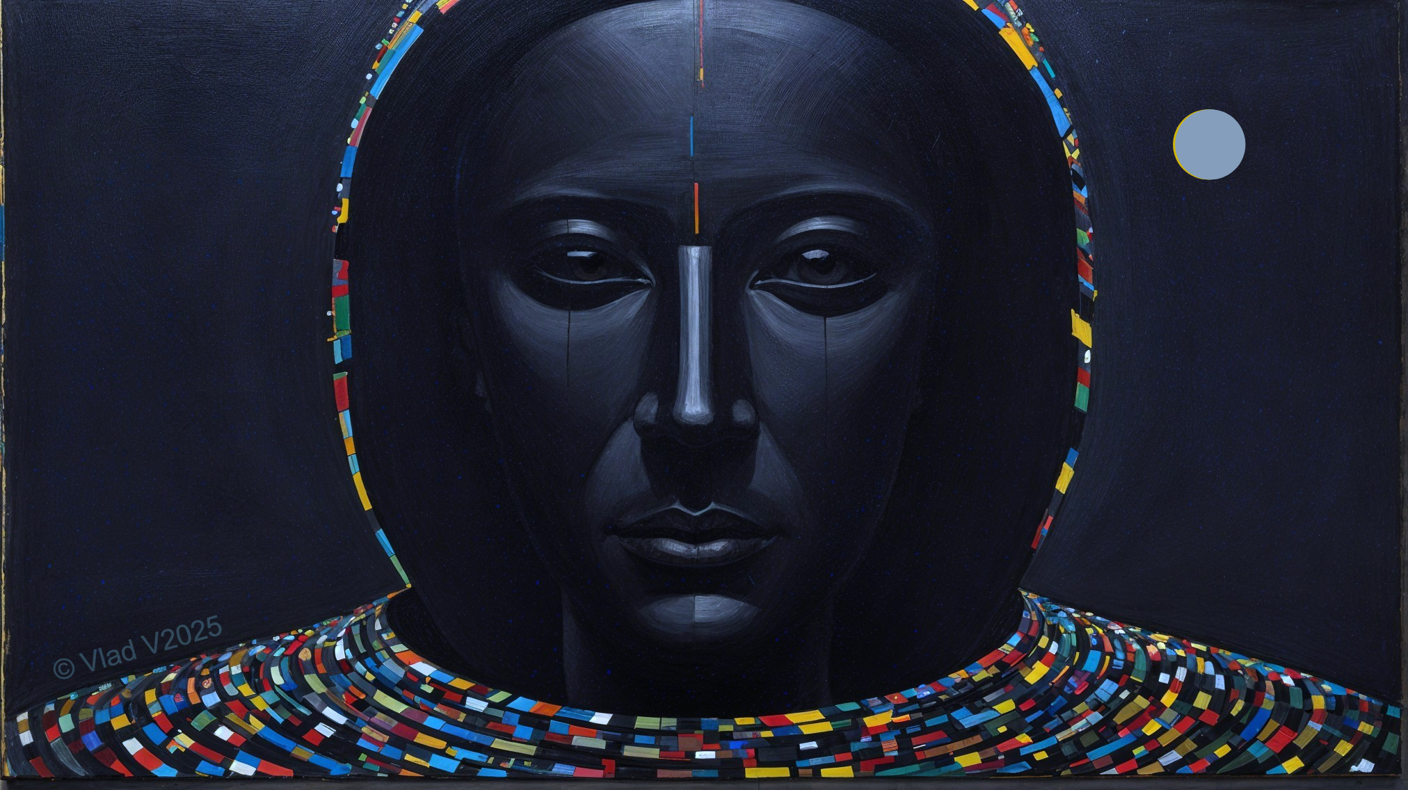 Striking Figure with Dark Cloak and Multicolored Collar