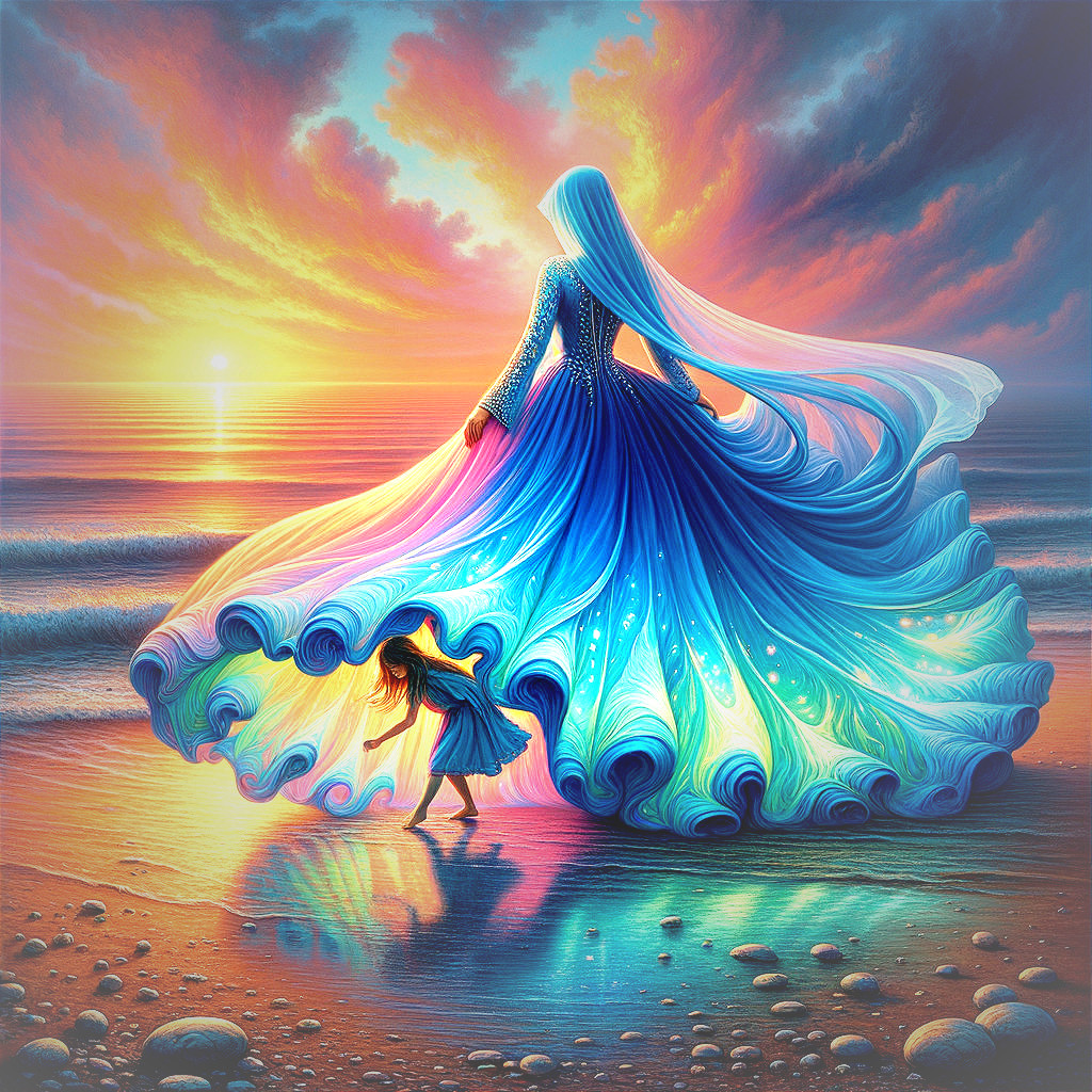 Colorful woman illustration by the sea at sunset with flowing gown merging into waves under a cloudy sky.