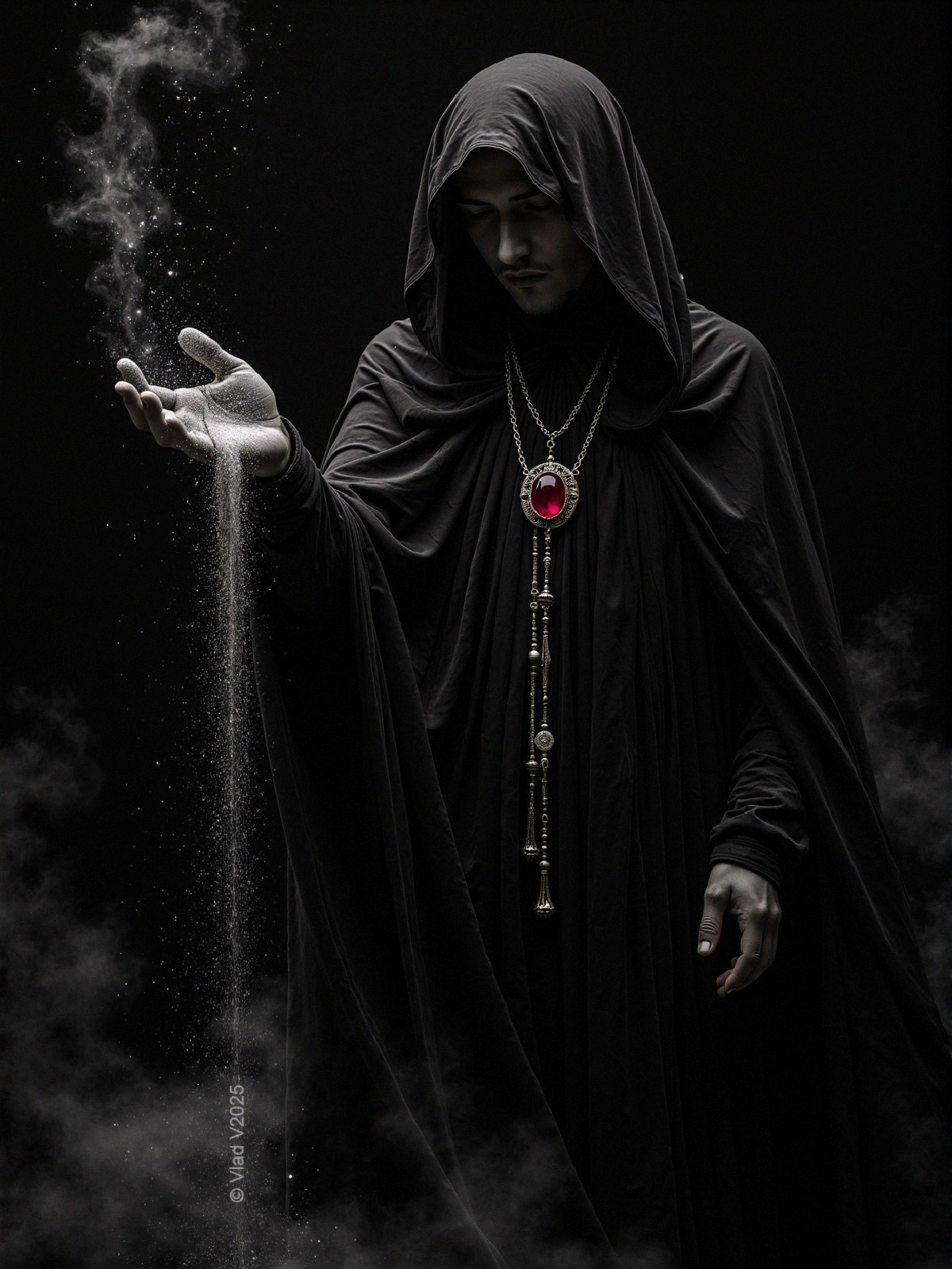 Mysterious Cloaked Figure with Shimmering Sand