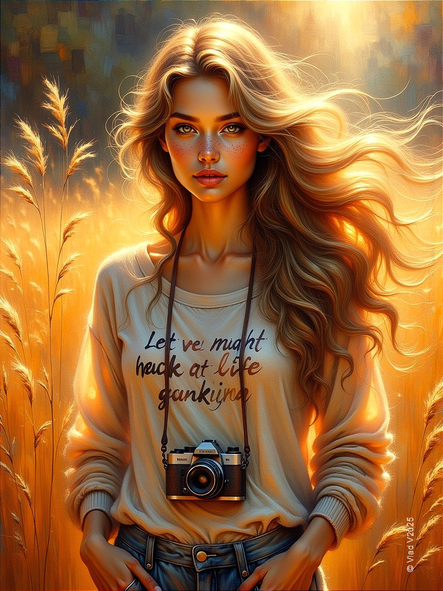 Young woman in golden field with camera and sweater