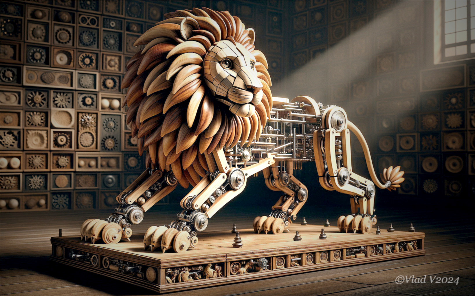 Intricately Crafted Wooden Lion with Mechanical Details