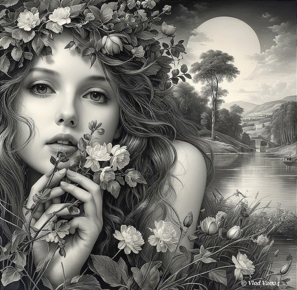 Black and White Portrait of a Woman with Floral Crown