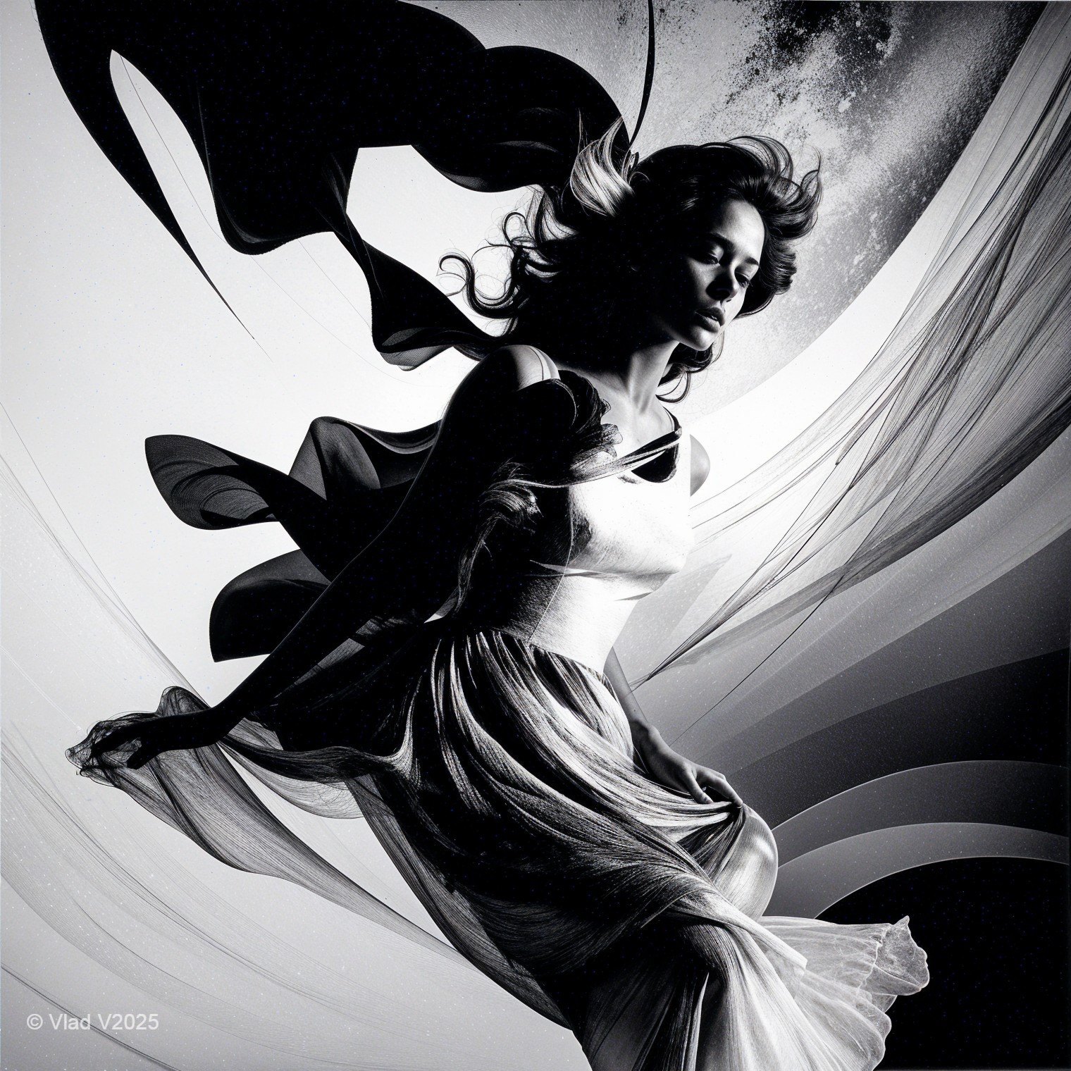 Black-and-white image of a woman in flowing dress