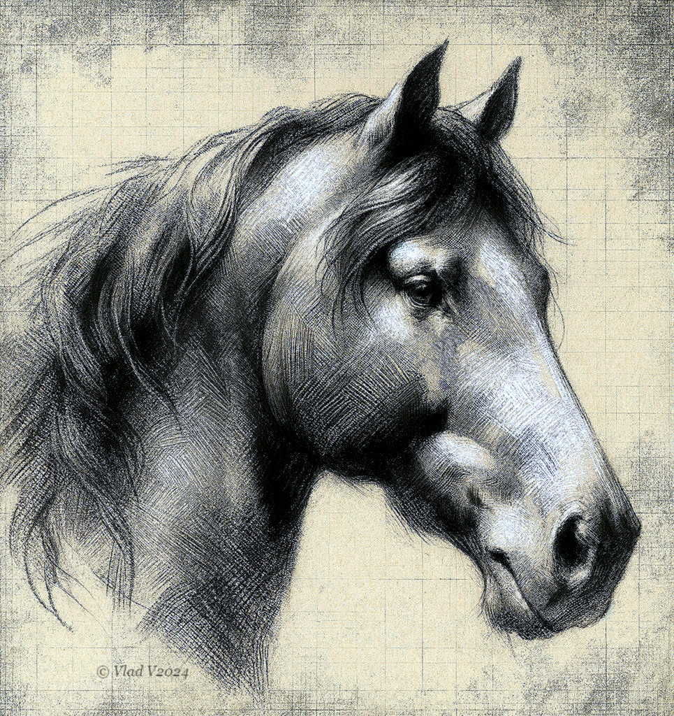 Detailed Sketch of a Horse's Head with Shading