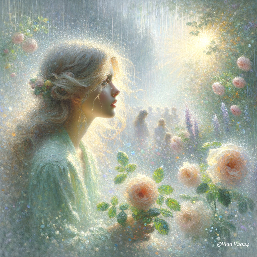 Ethereal Scene of Woman in Pastel Rose Garden