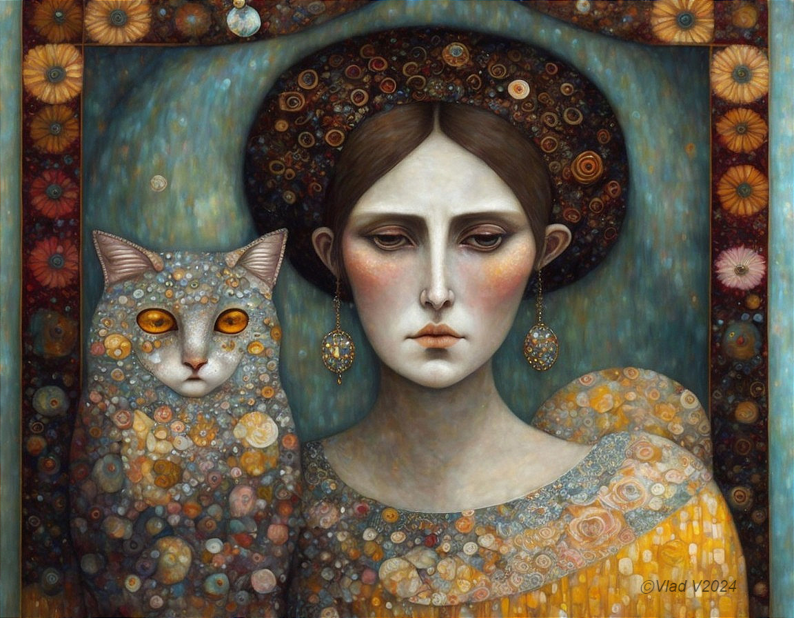 Serene Woman in Golden Dress with Mystical Cat