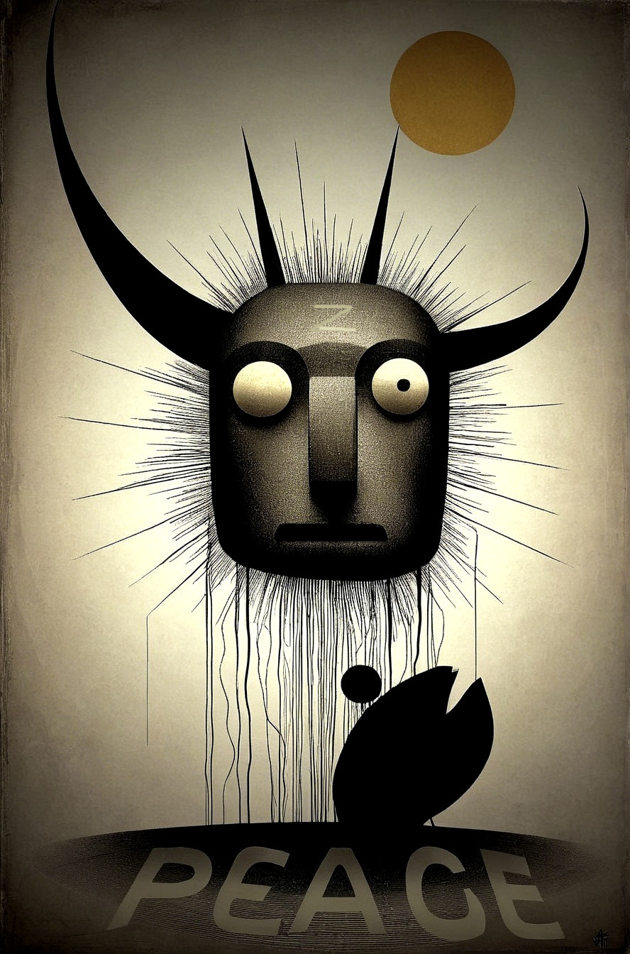Stylized Mask Artwork with Energy Lines and Sun