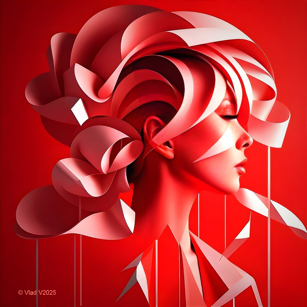 Stylized profile of a woman with vibrant red hair