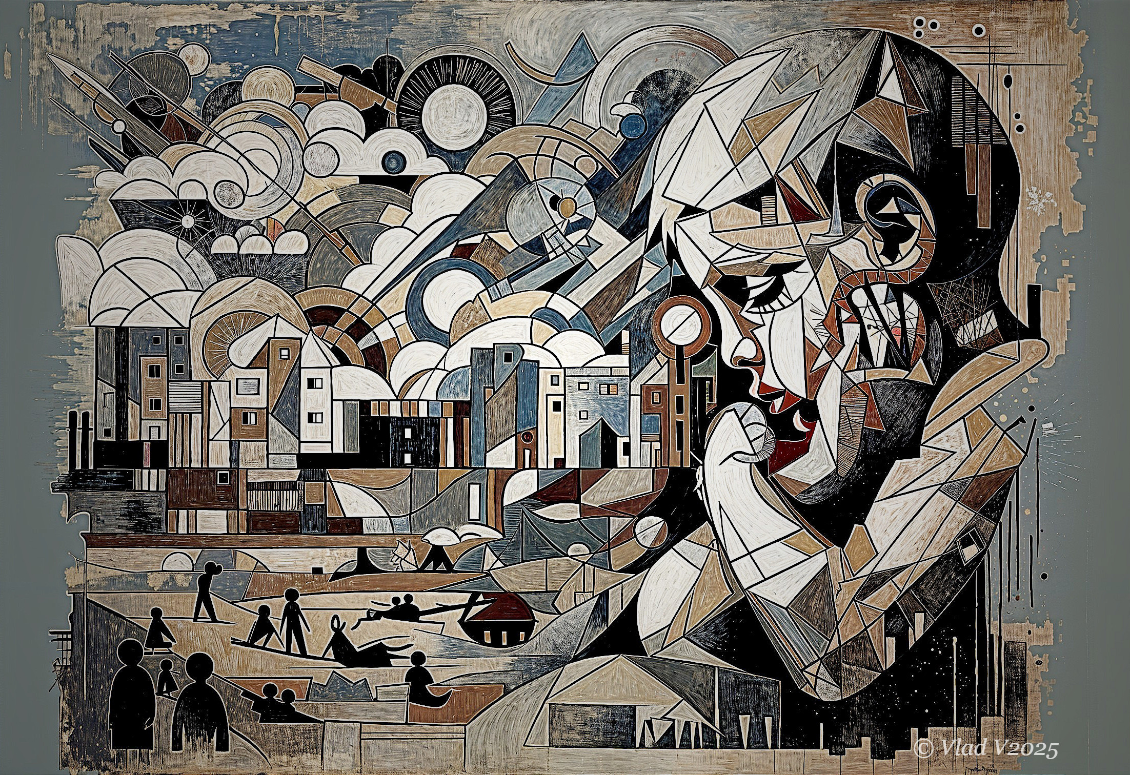 Geometric Artwork of a Contemplative Child in Landscape