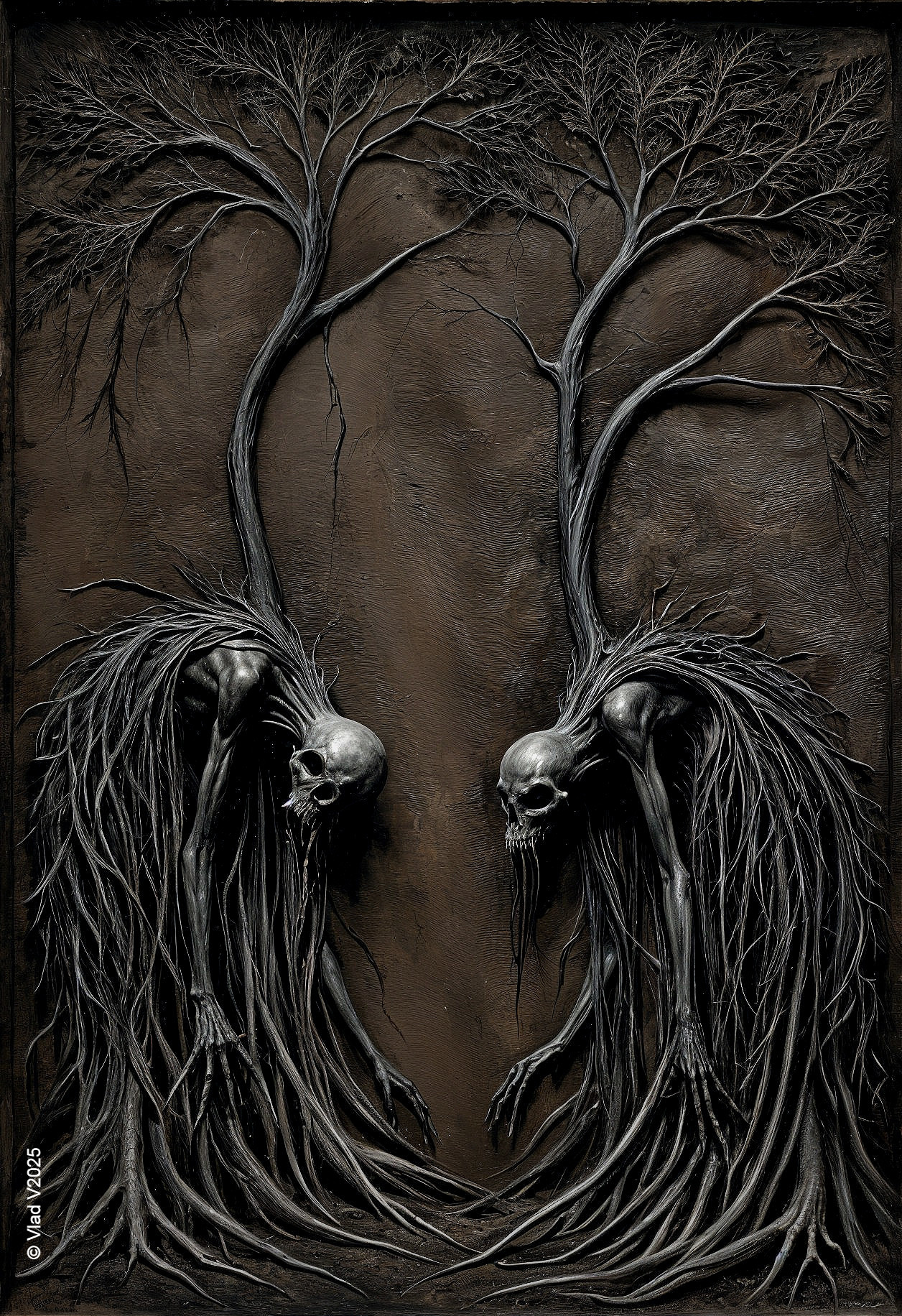 Haunting Figures Intertwined with Dark Roots and Branches