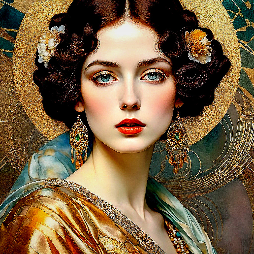 Illustrated Woman with Porcelain Skin and Art Nouveau Background