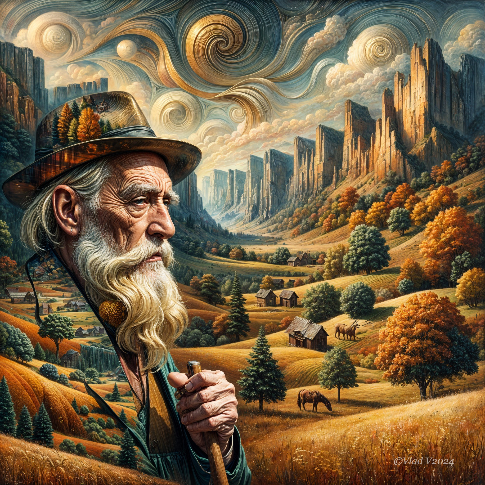 Elderly man in autumn hat amid vibrant landscape