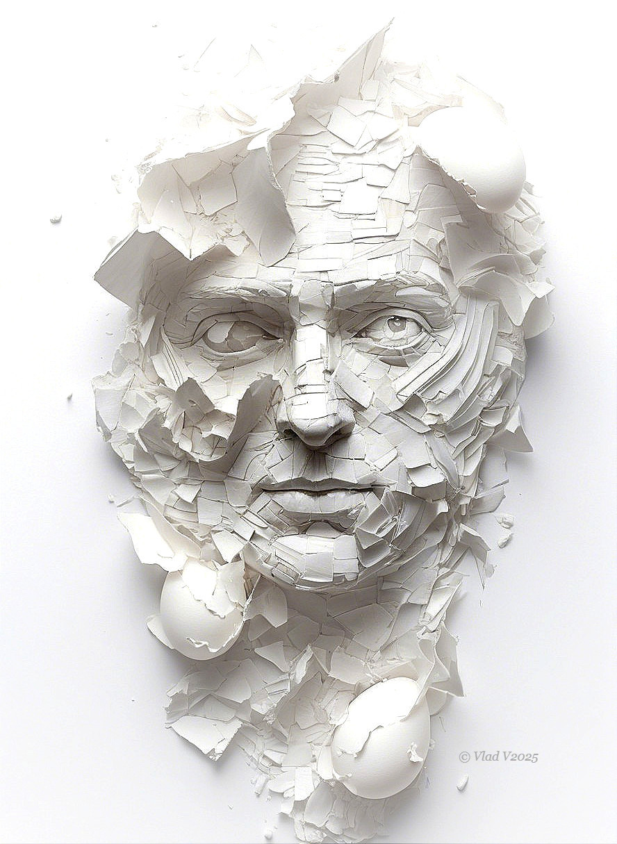 Human face created with cracked white eggshells