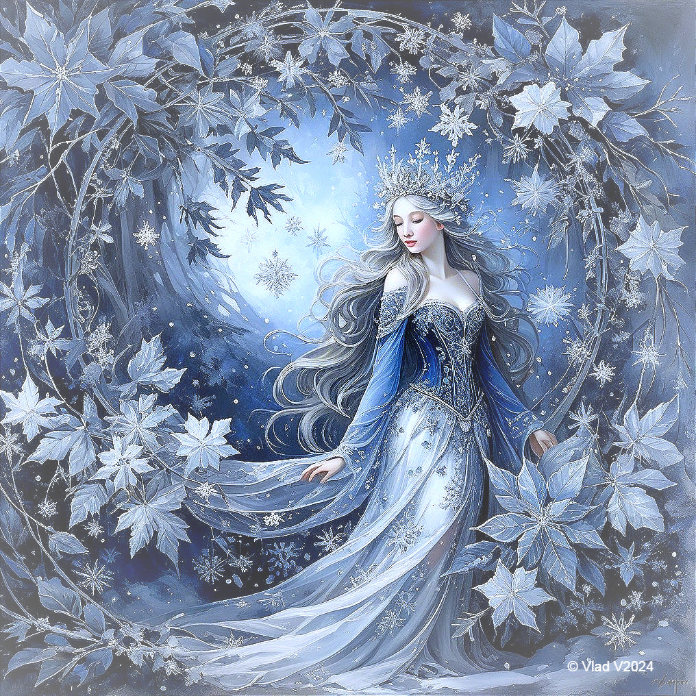 Elegant Winter Figure in Blue and White Gown