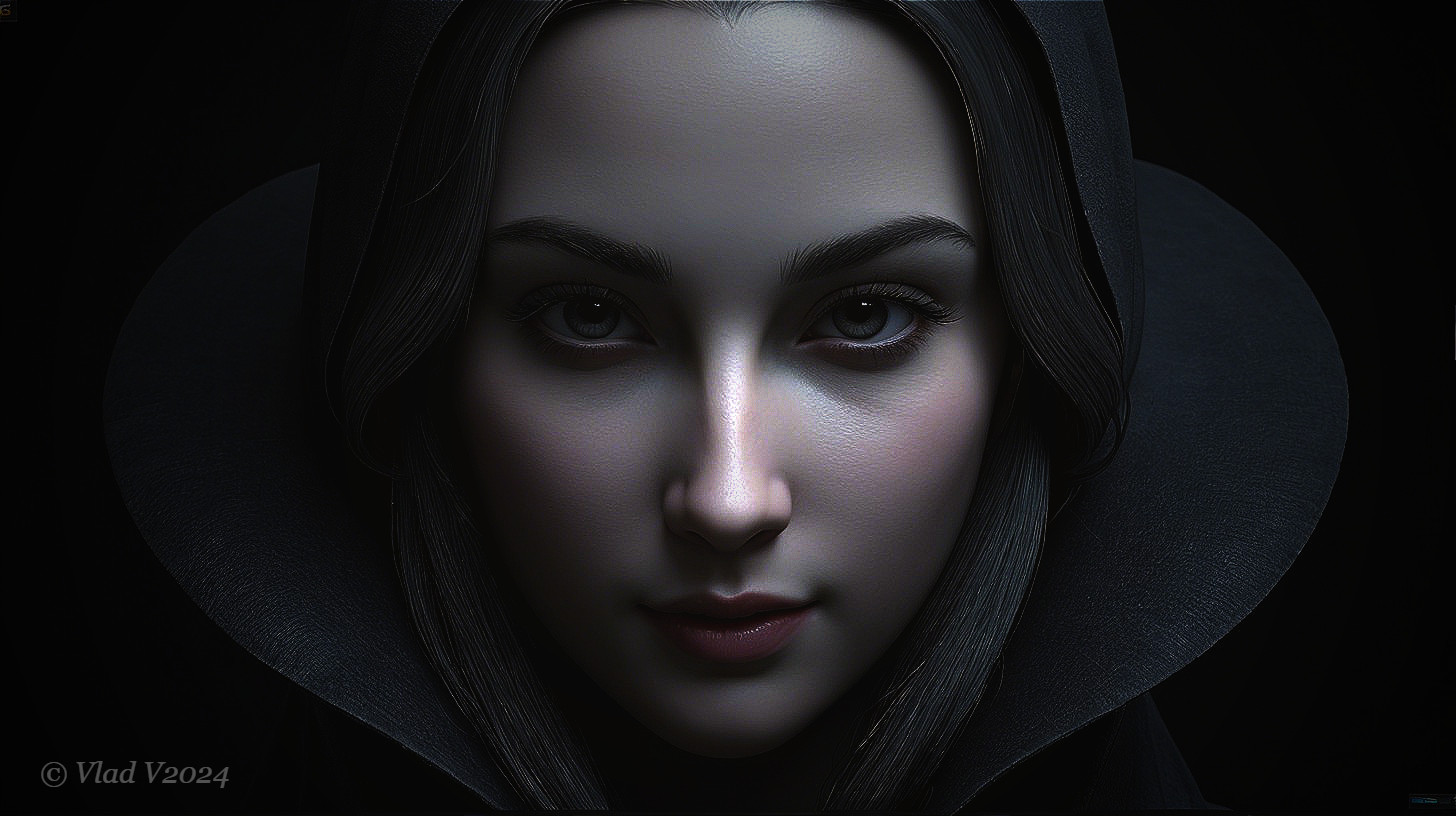 Portrait of a woman in a dark hooded cloak with shadows