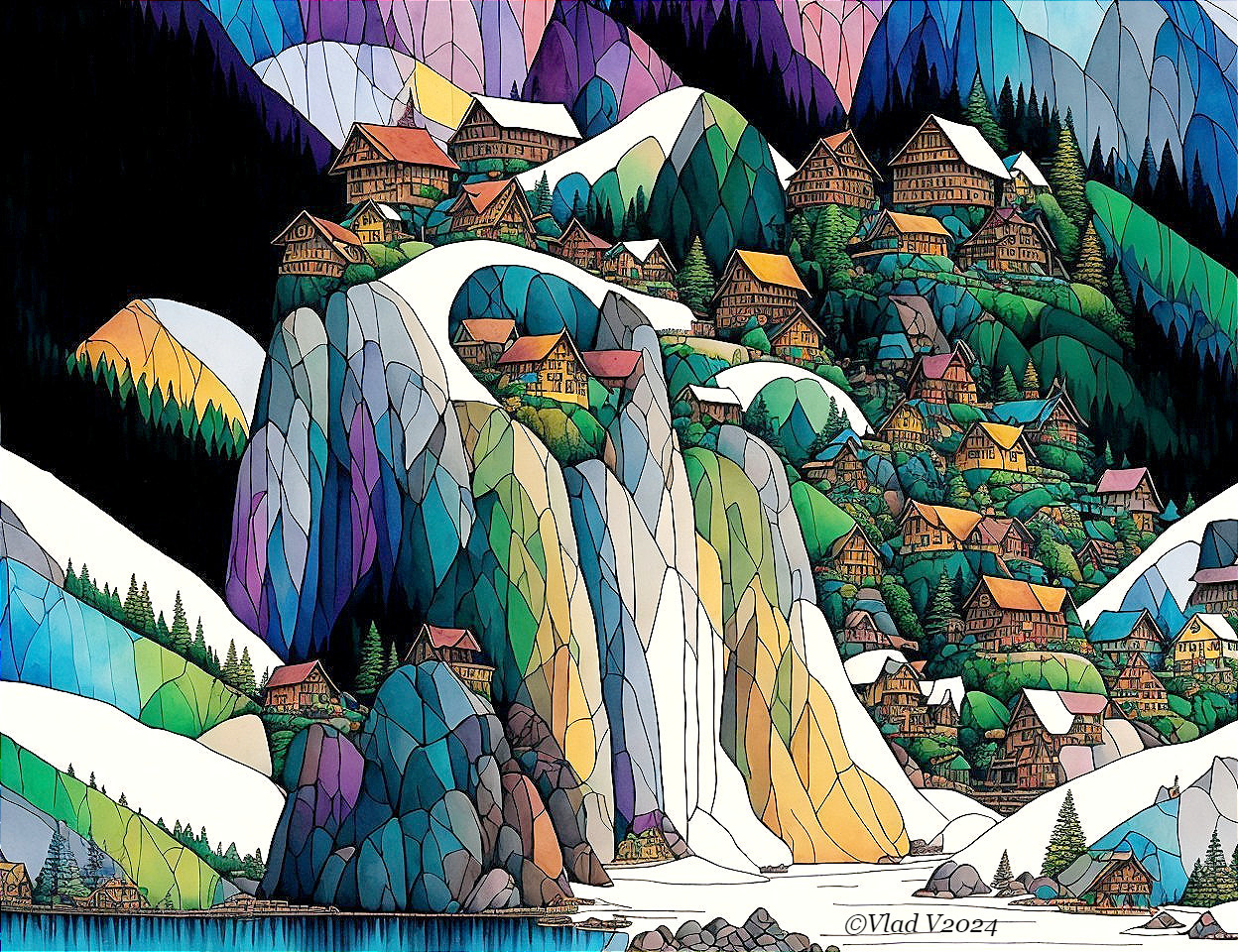 Vibrant Geometric Landscape with Waterfall and Houses