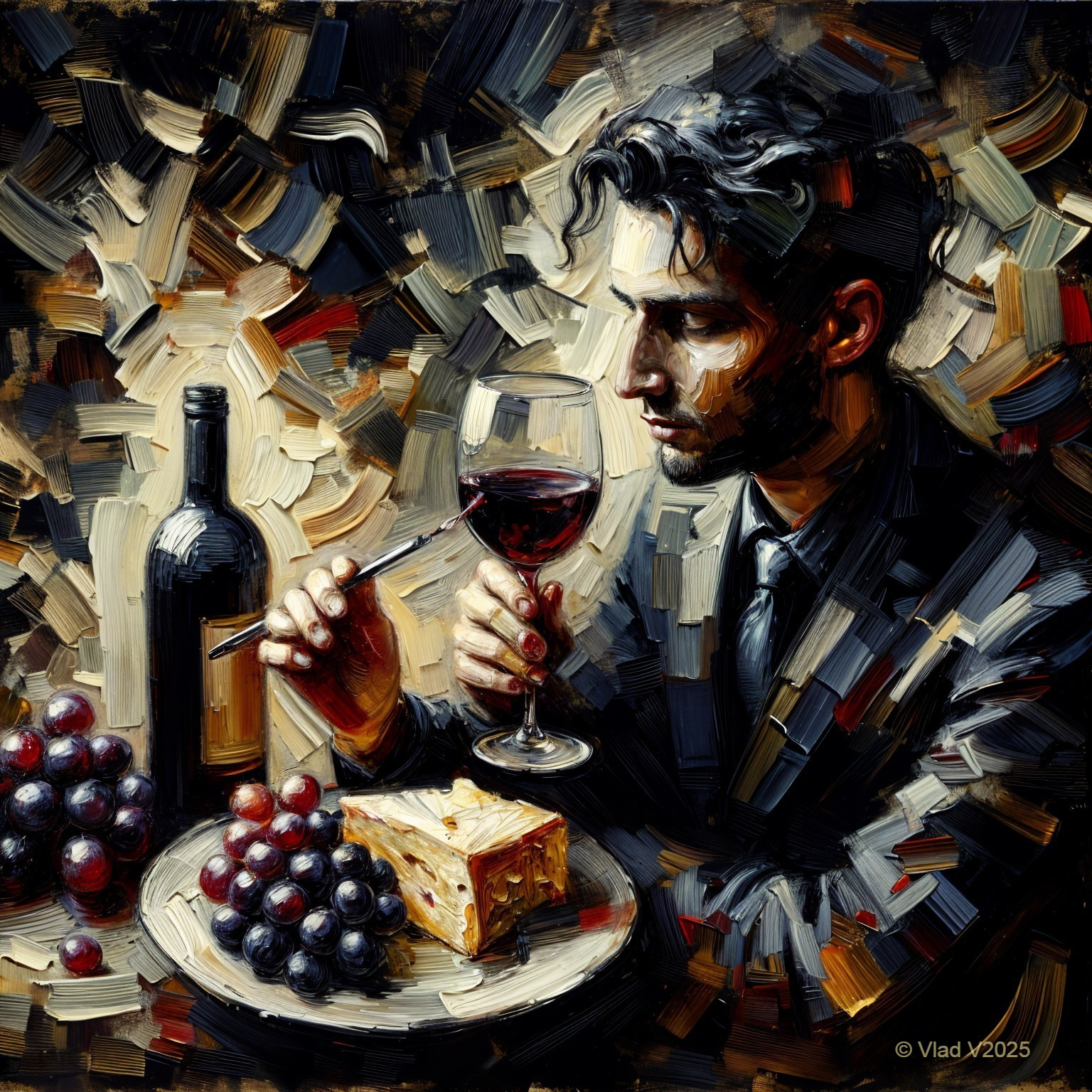 Contemplative Man with Wine, Cheese, and Grapes