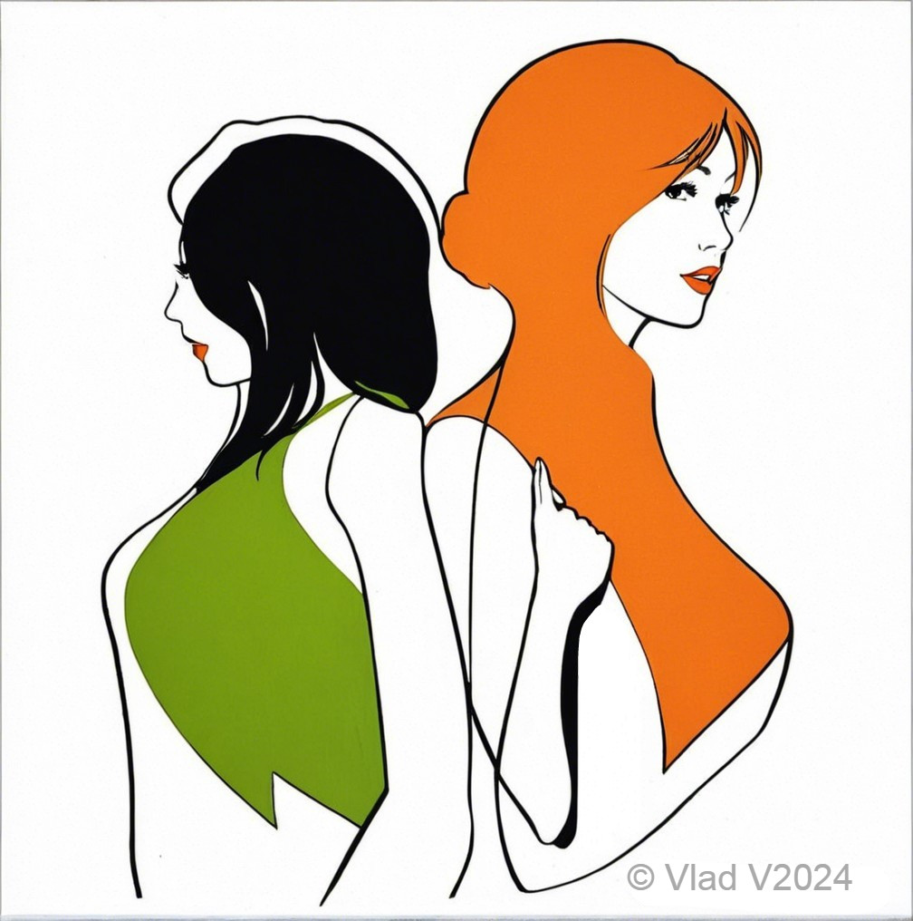 Stylized Women in Profile with Bold Colors and Lines