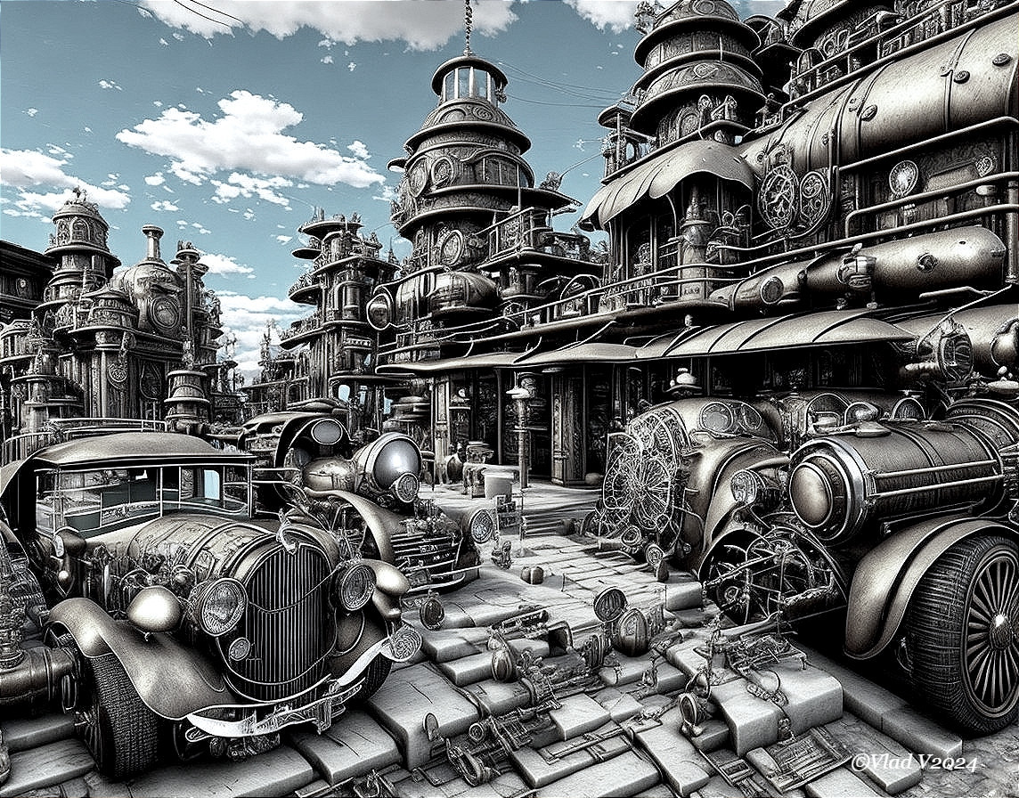 Steampunk Cityscape with Machinery and Vintage Cars