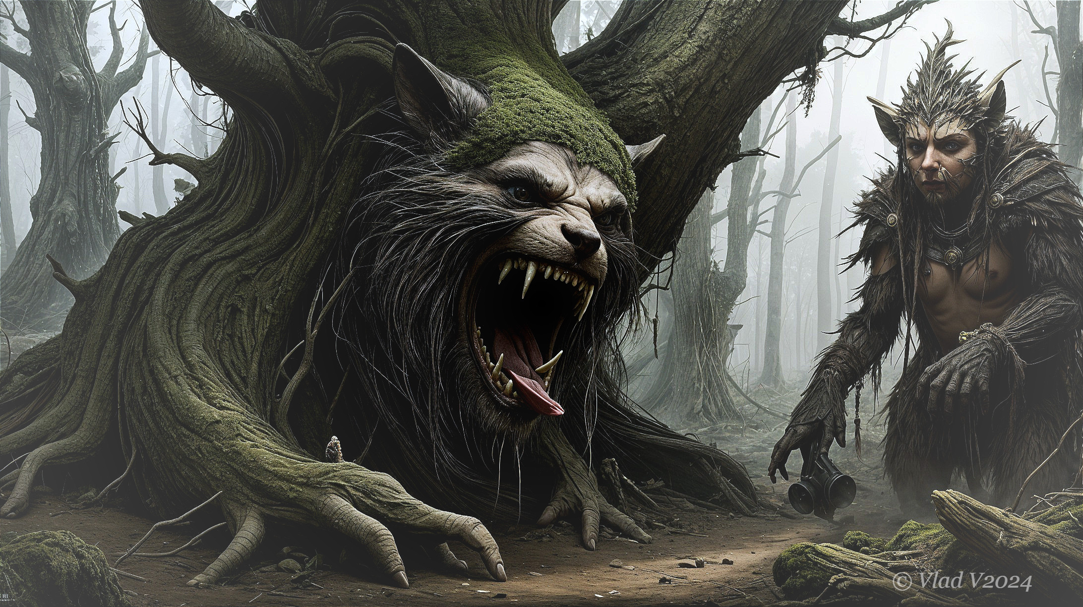 Gigantic Tree-Creature and Human in Mystical Forest