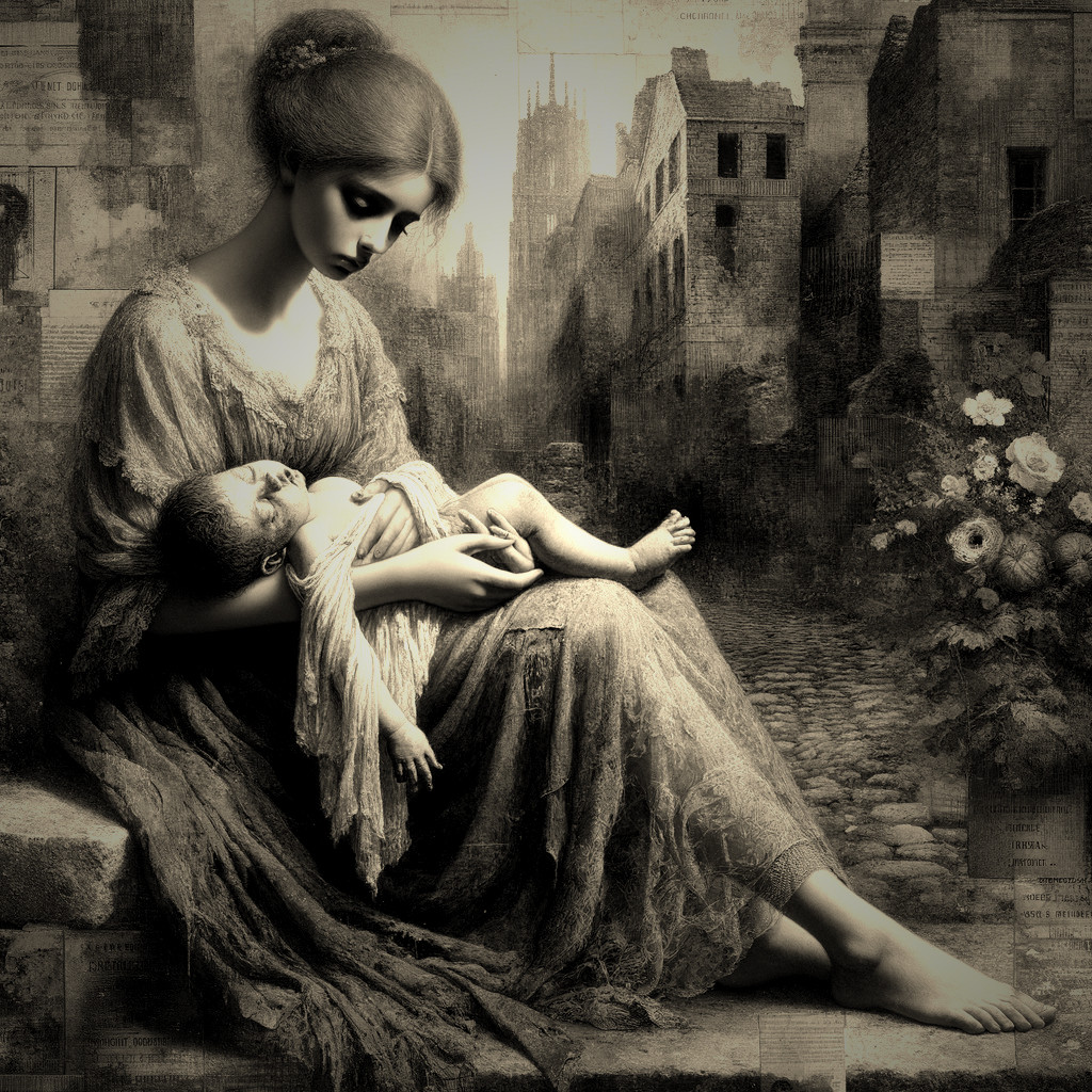 Sepia-Toned Image of Woman with Child in Urban Setting