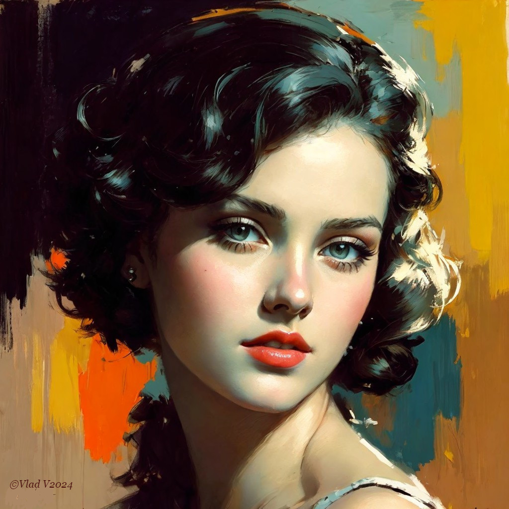 Portrait of a woman with blue eyes and wavy hair