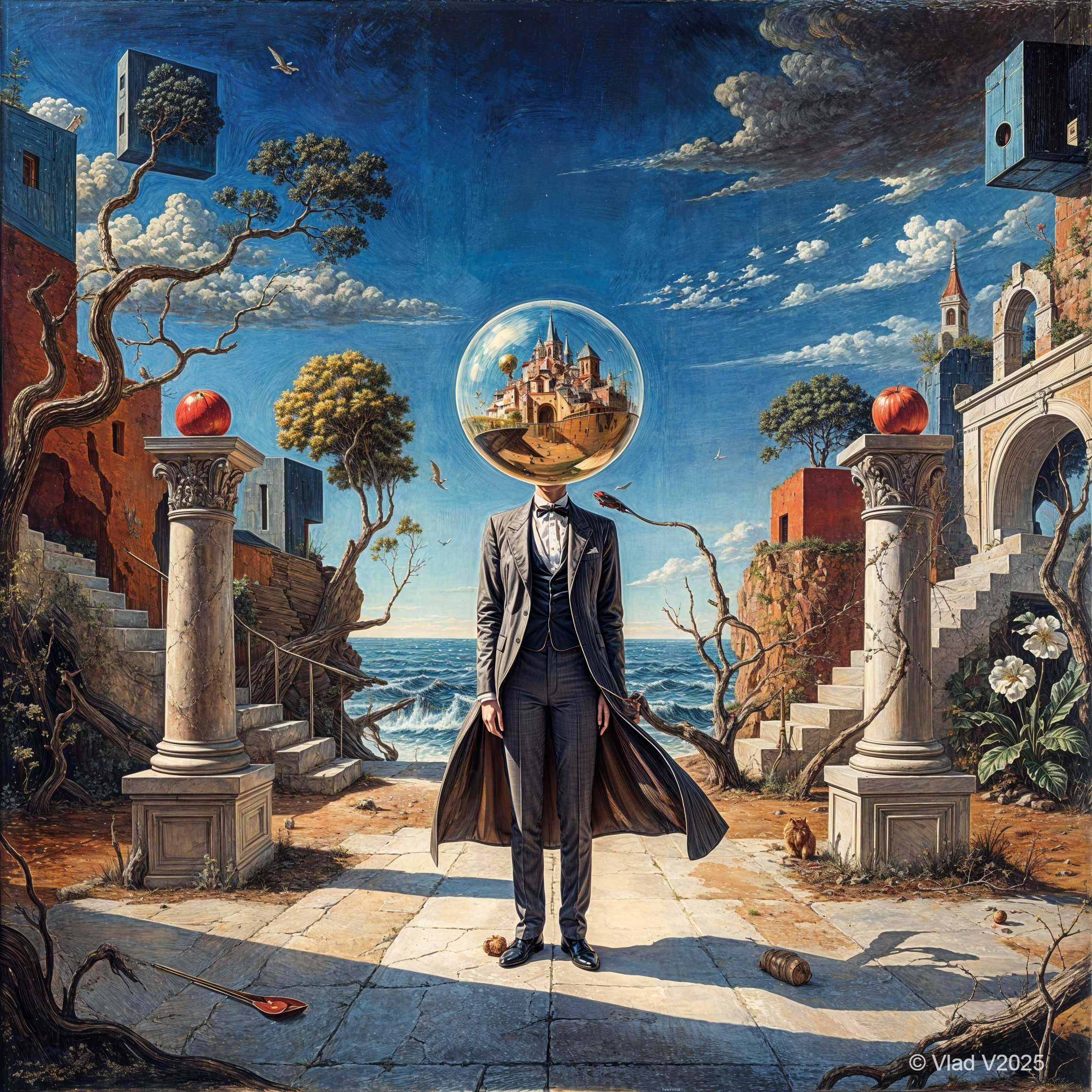 Surreal Landscape with Globe-Head Figure and Castle