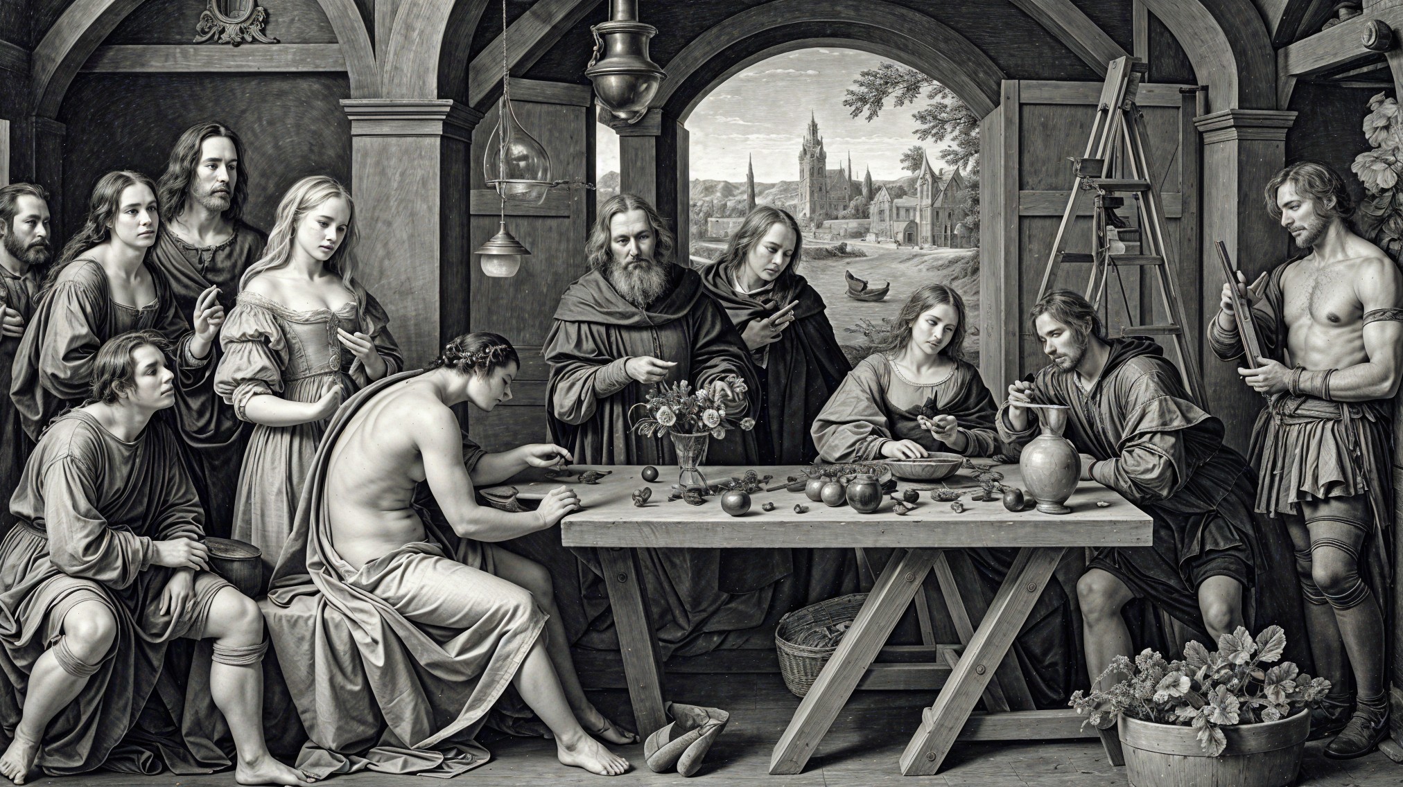 Classical Gathering Around Table with Fruits and Flowers