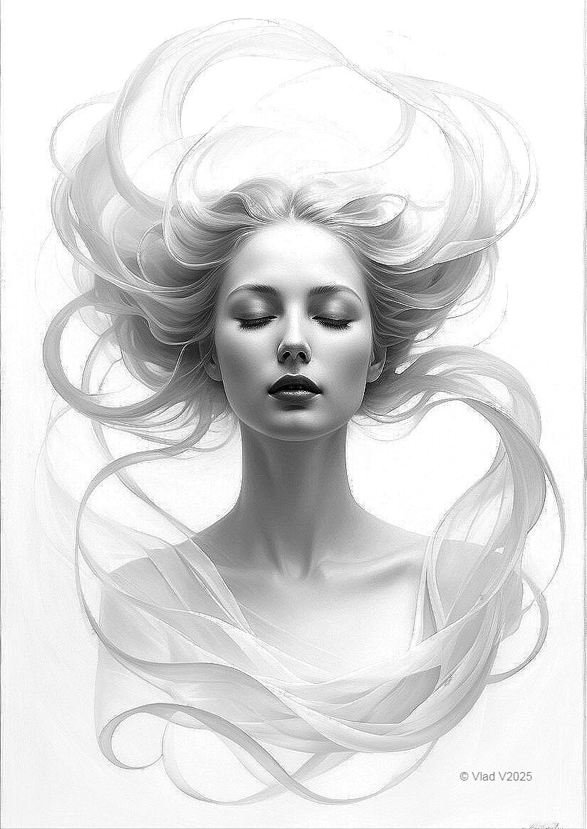 Serene Female Figure with Ethereal Hair and Calm Features