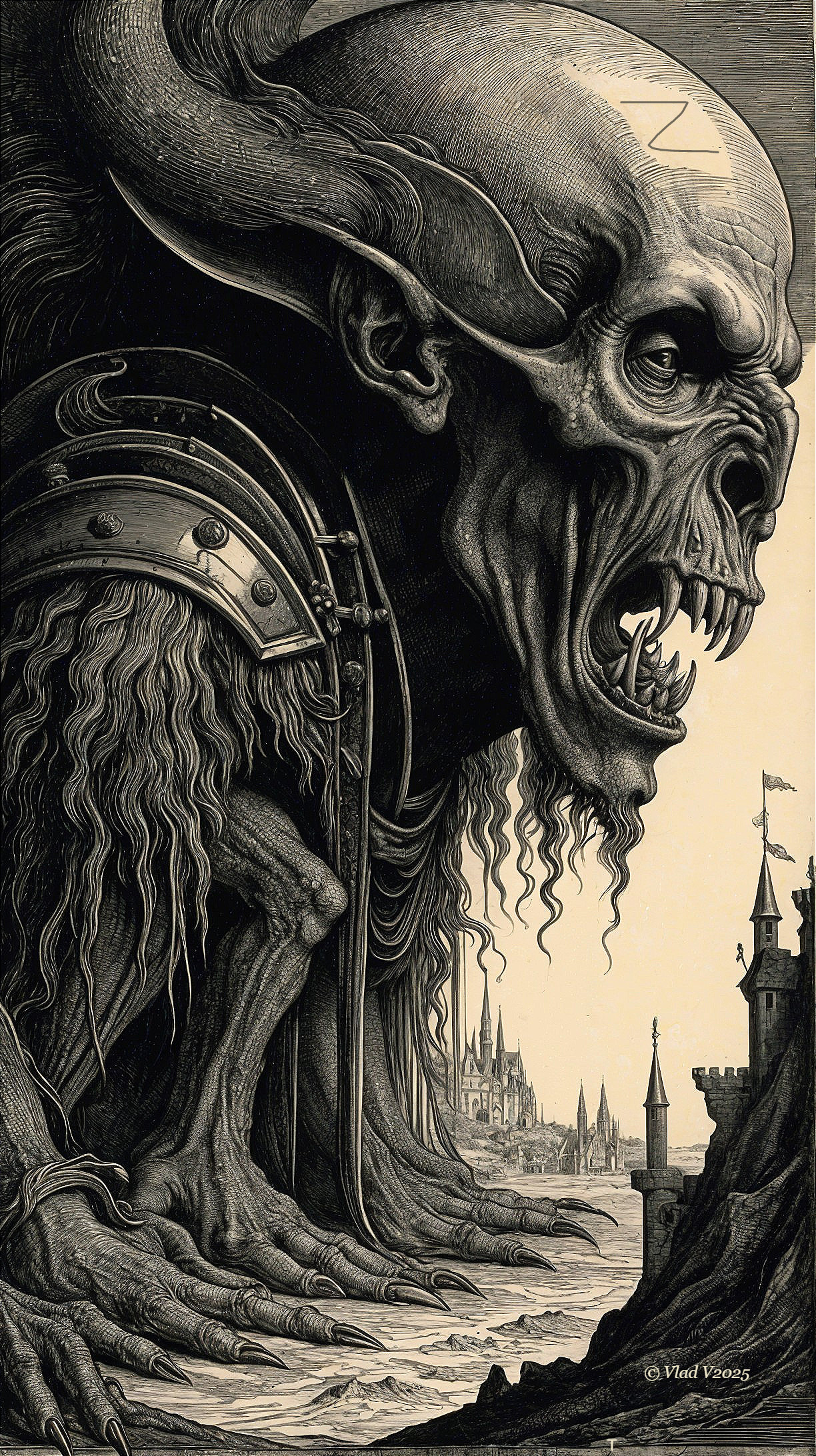 Skeletal Figure in Dark Fantasy Landscape Art