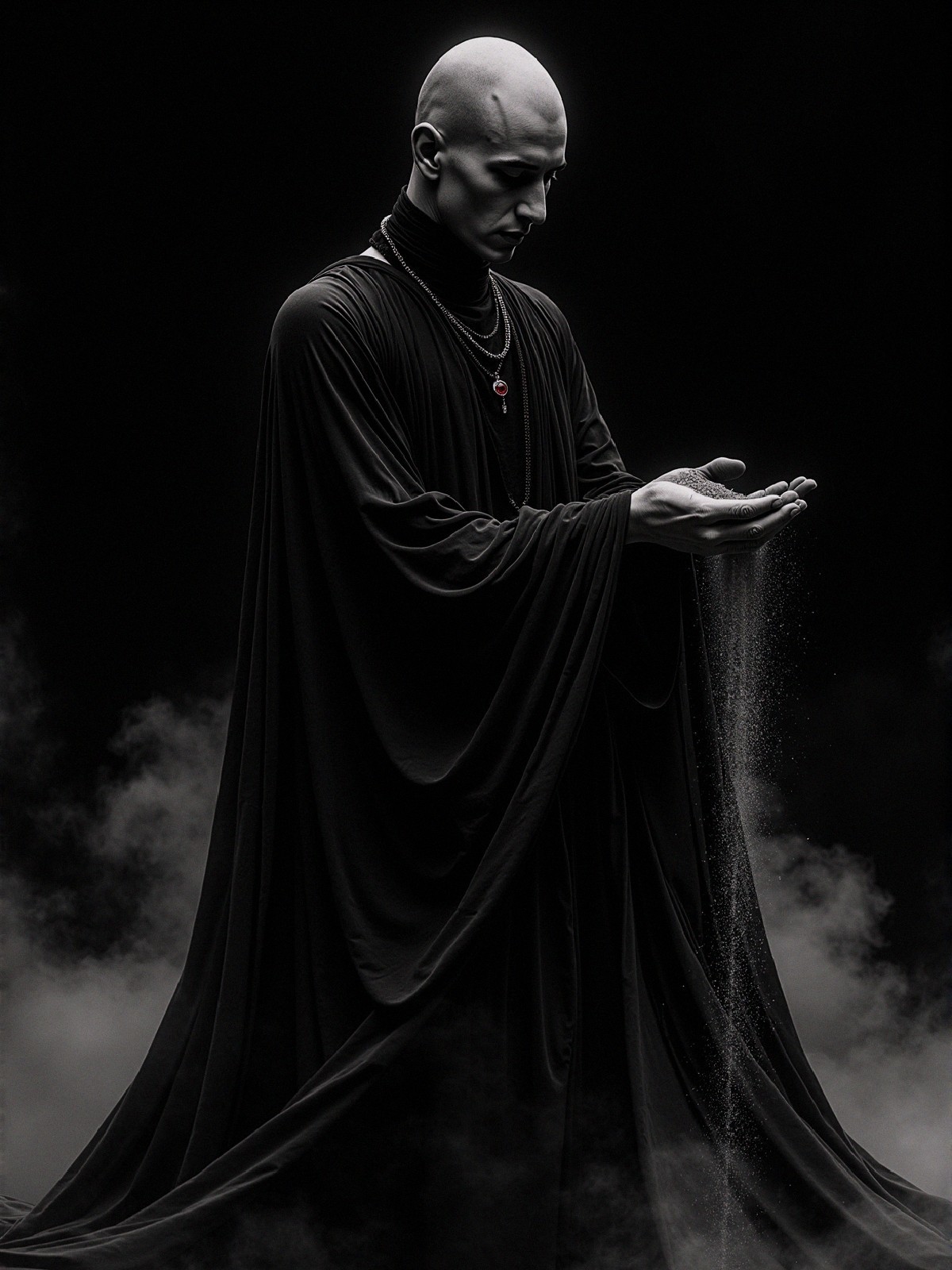 Mystical Figure in Black Robe with Flowing Sand