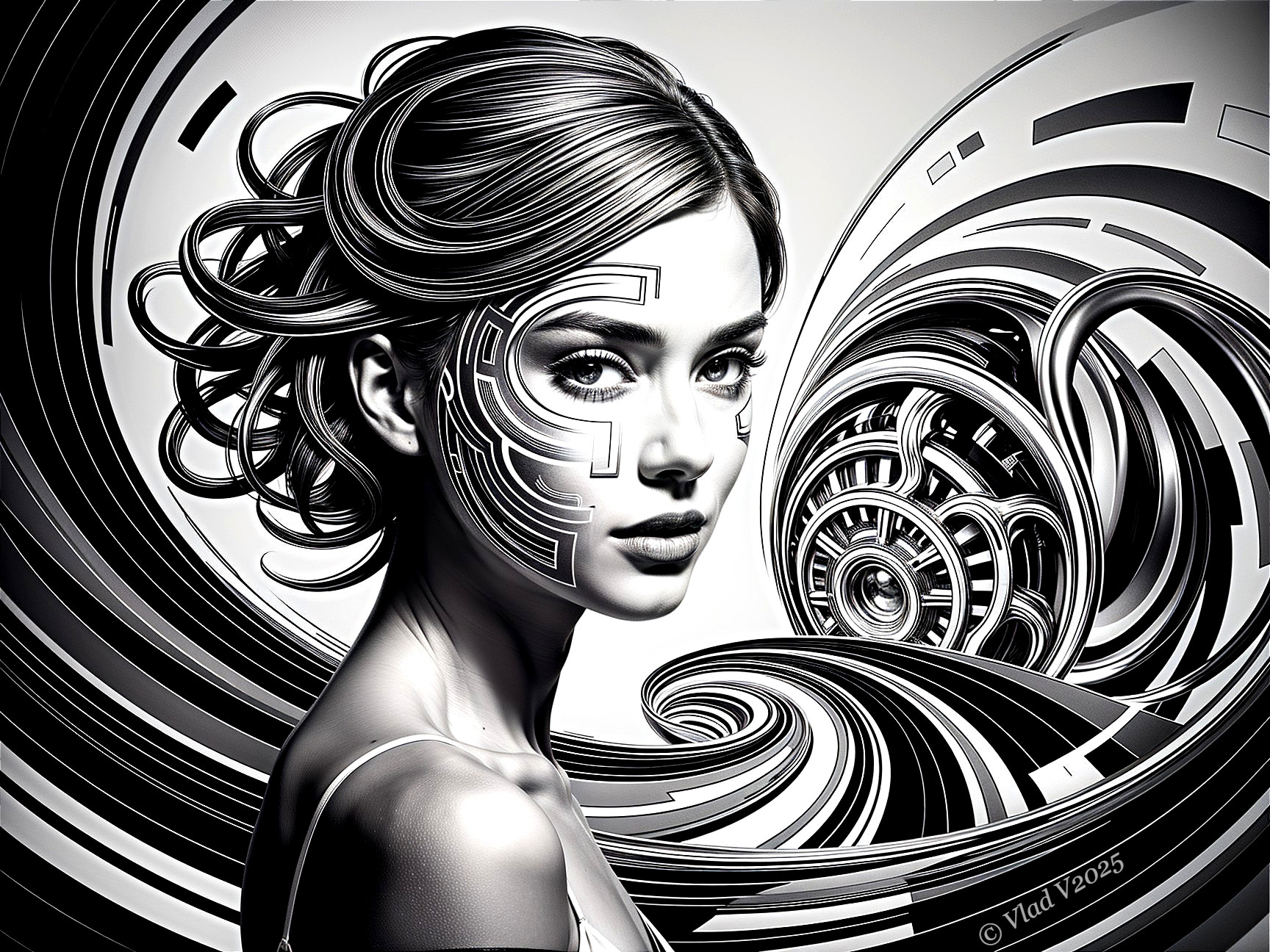 Black and white portrait of a woman with geometric patterns