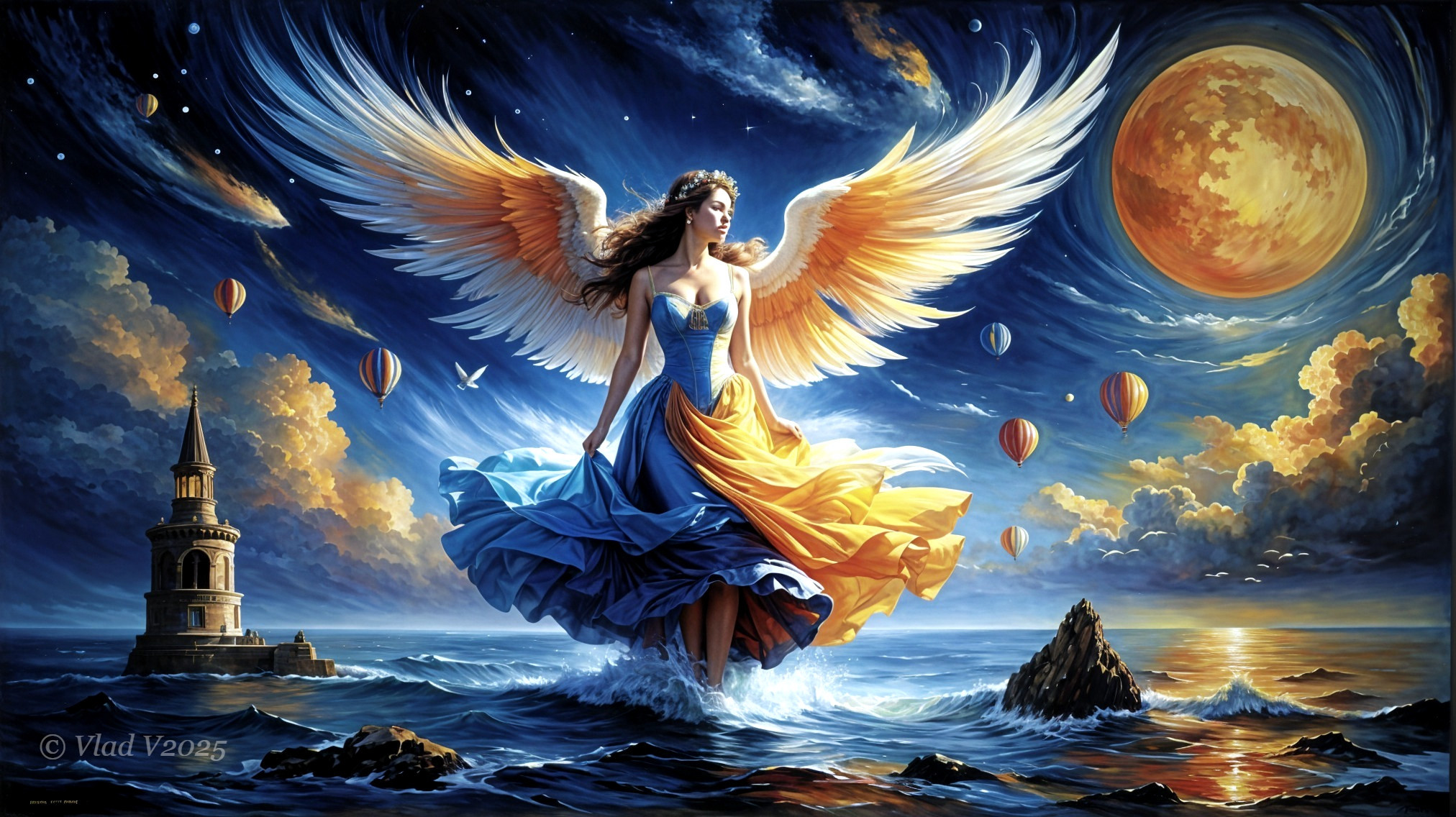 Majestic figure with wings atop waves at sunset