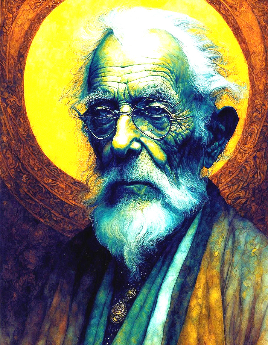 Elderly man with white hair, beard, and glasses in saintly portrait