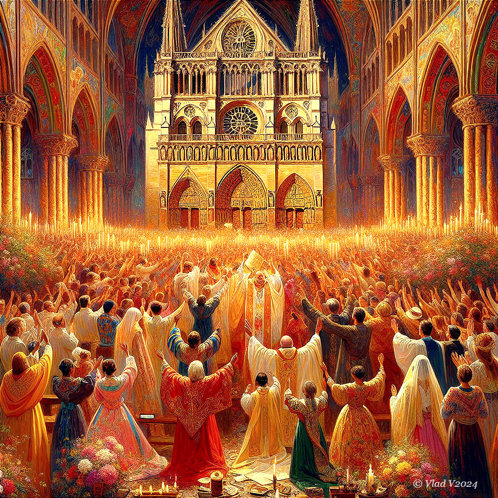 Illuminated Cathedral Hosts Vibrant Celebration Scene