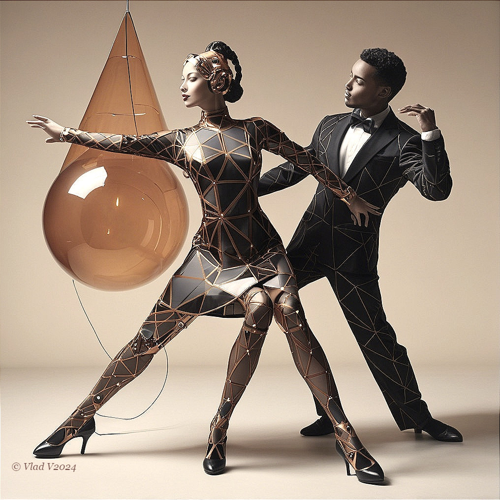 Stylish Couple in Elegant Attire with Artistic Pendant